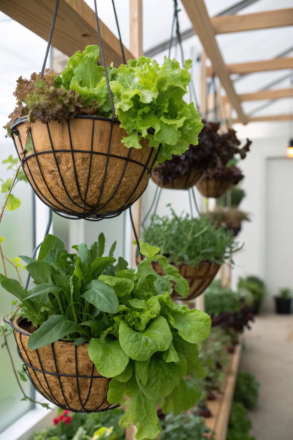 A hanging basket salad bar keeps fresh greens close at hand.