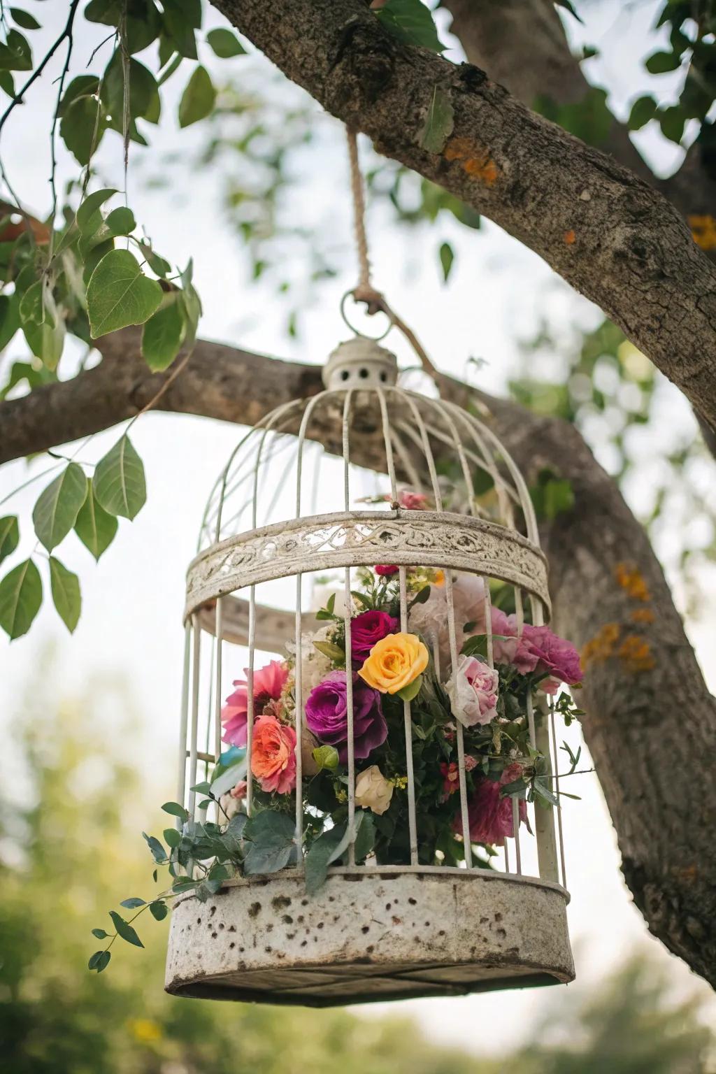 A birdcage flower display adds whimsy to your outdoor décor.