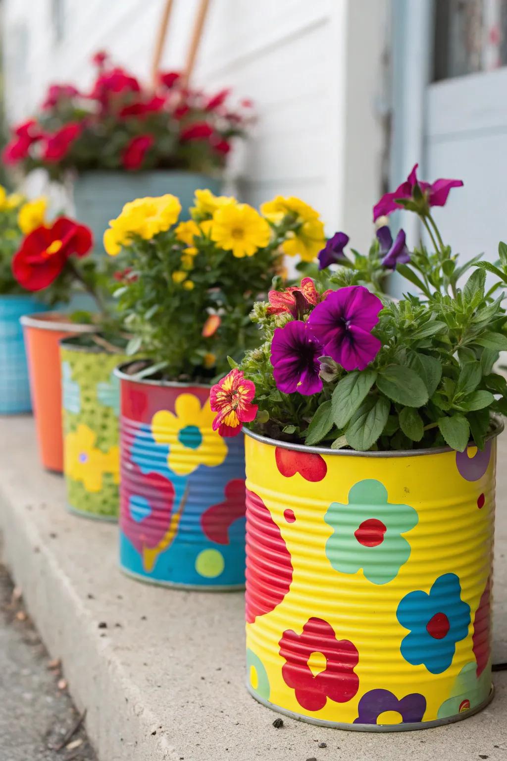 Painted can flower pots are a creative and colorful garden solution.
