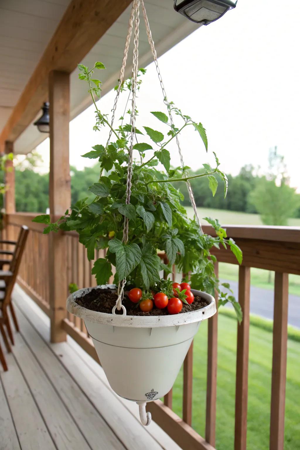 An upside-down tomato planter is a space-saving garden hack.