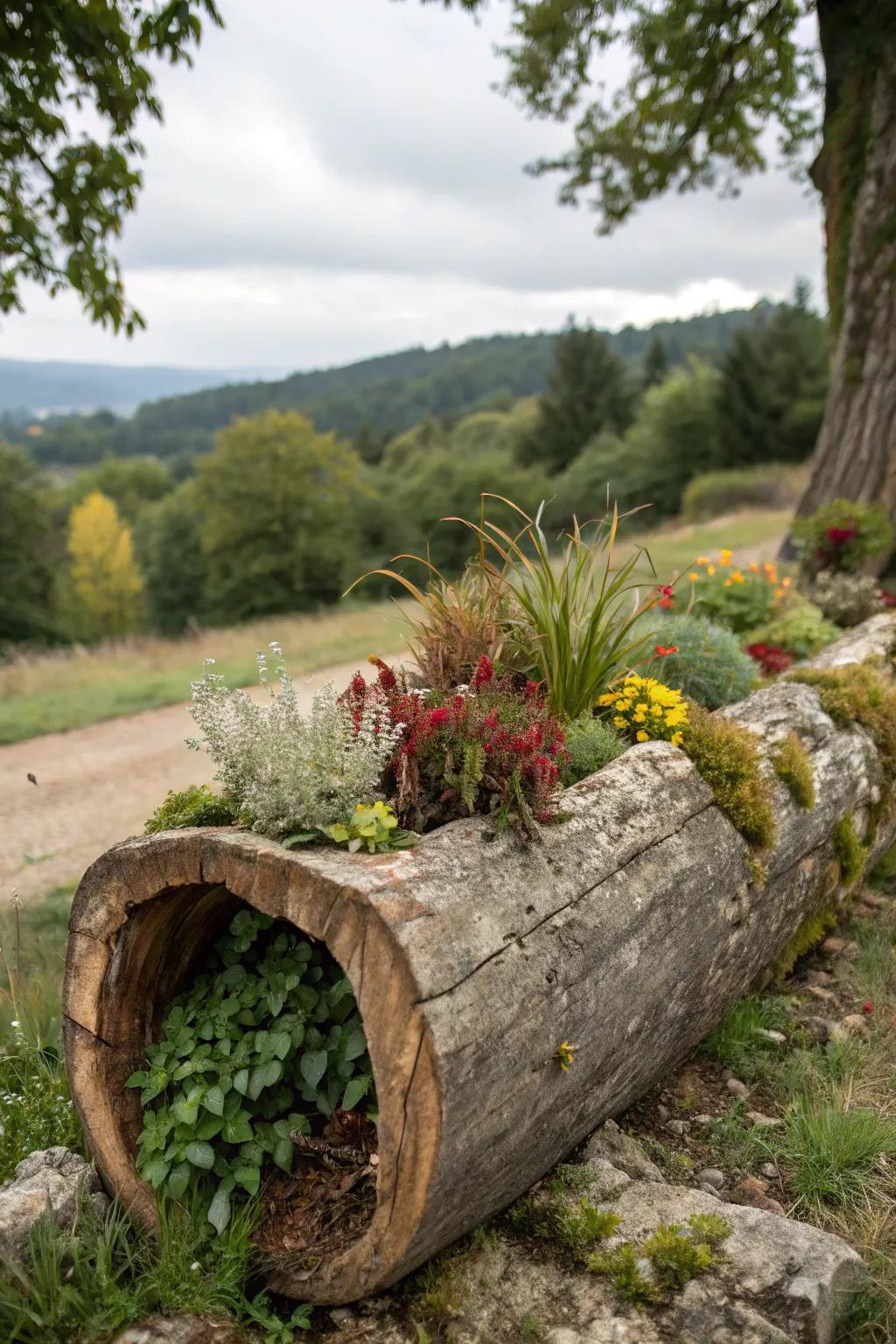 Rustic log planters blend seamlessly with natural settings.