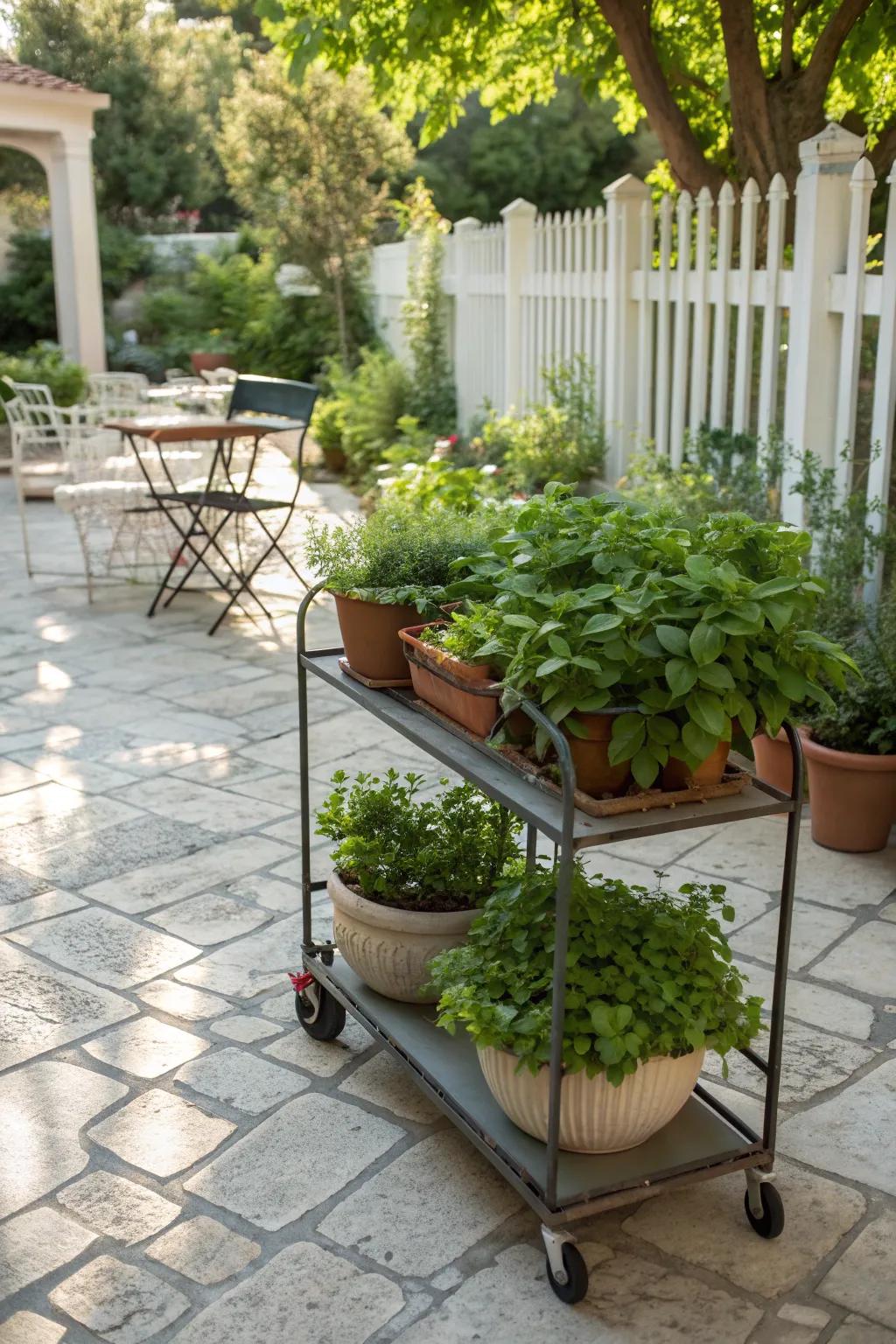 A rolling cart garden offers mobility and versatility for urban gardeners.