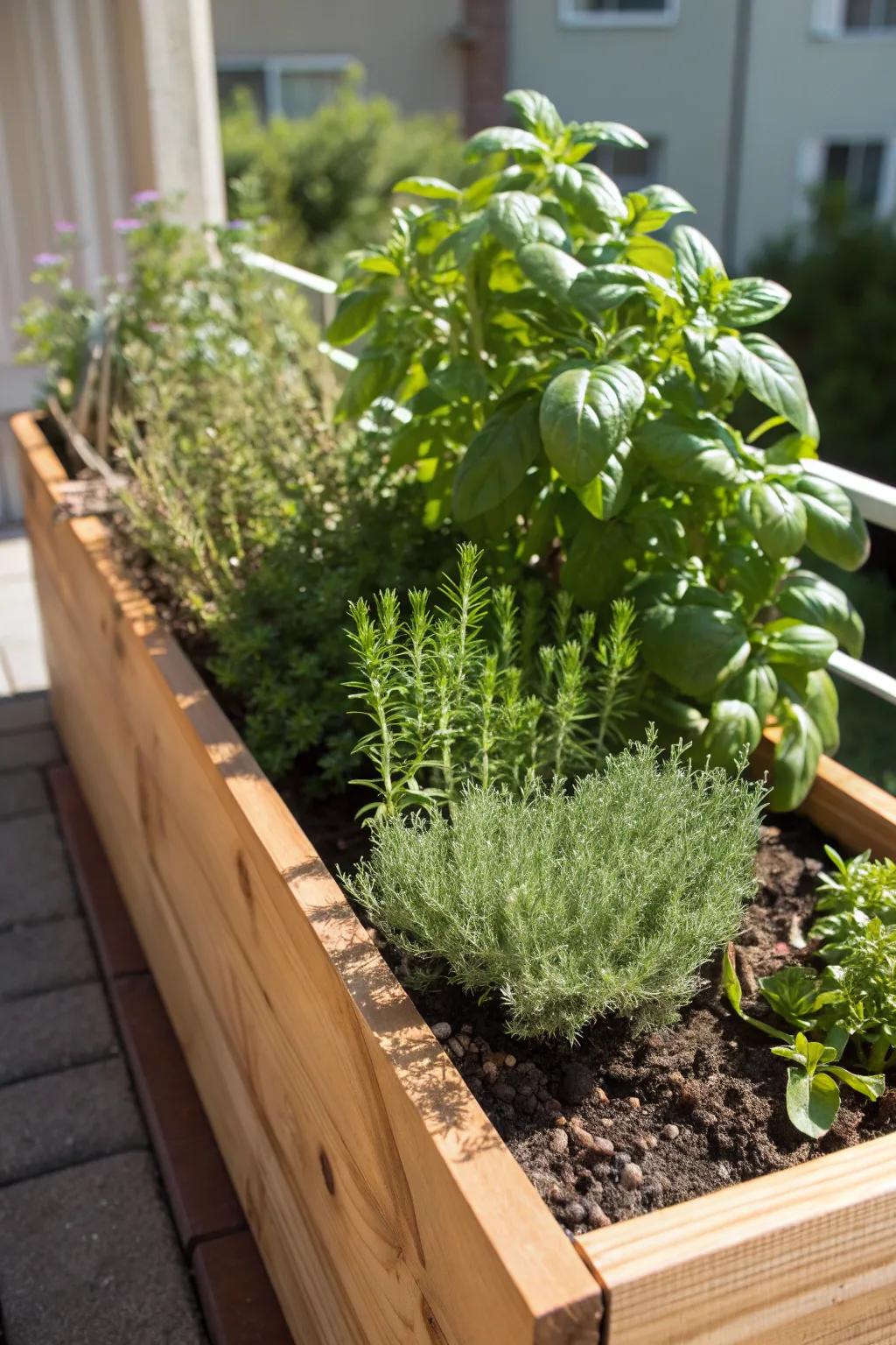 A sunny herb garden with basil, rosemary, and thyme in a cedar planter box.
