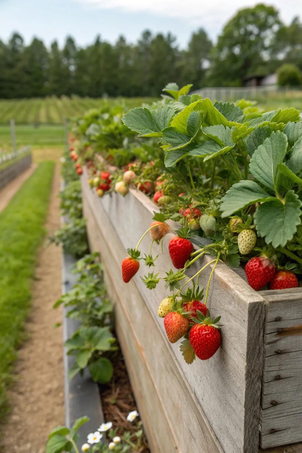 A planter box brimming with ripe, juicy strawberries.