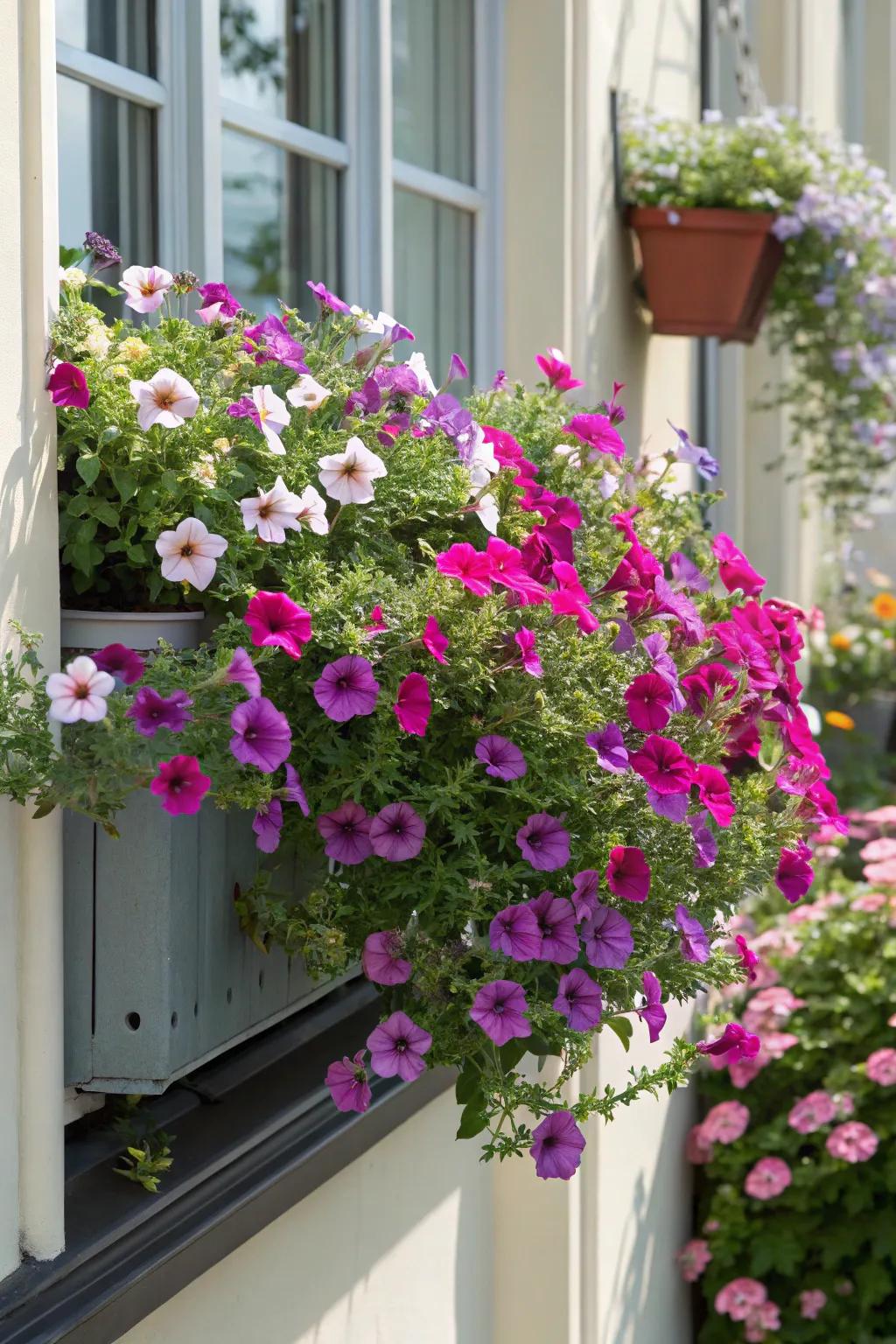 Petunias and calibrachoa overflowing from a window box, creating a colorful cascade.