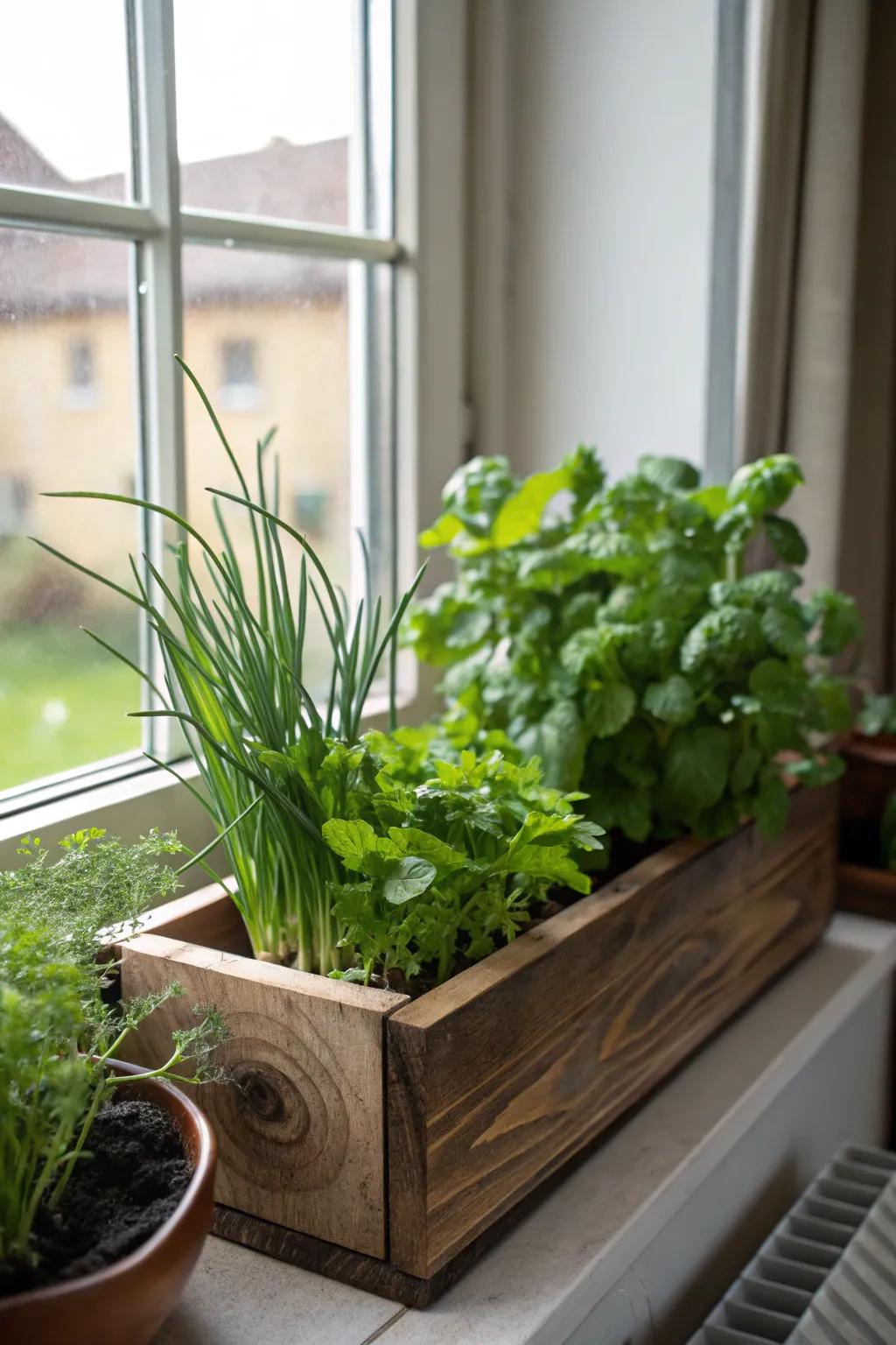 A kitchen planter box filled with fresh parsley, chives, and mint.