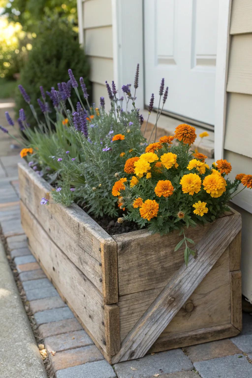A welcoming wooden planter box with marigolds and lavender at the entrance.