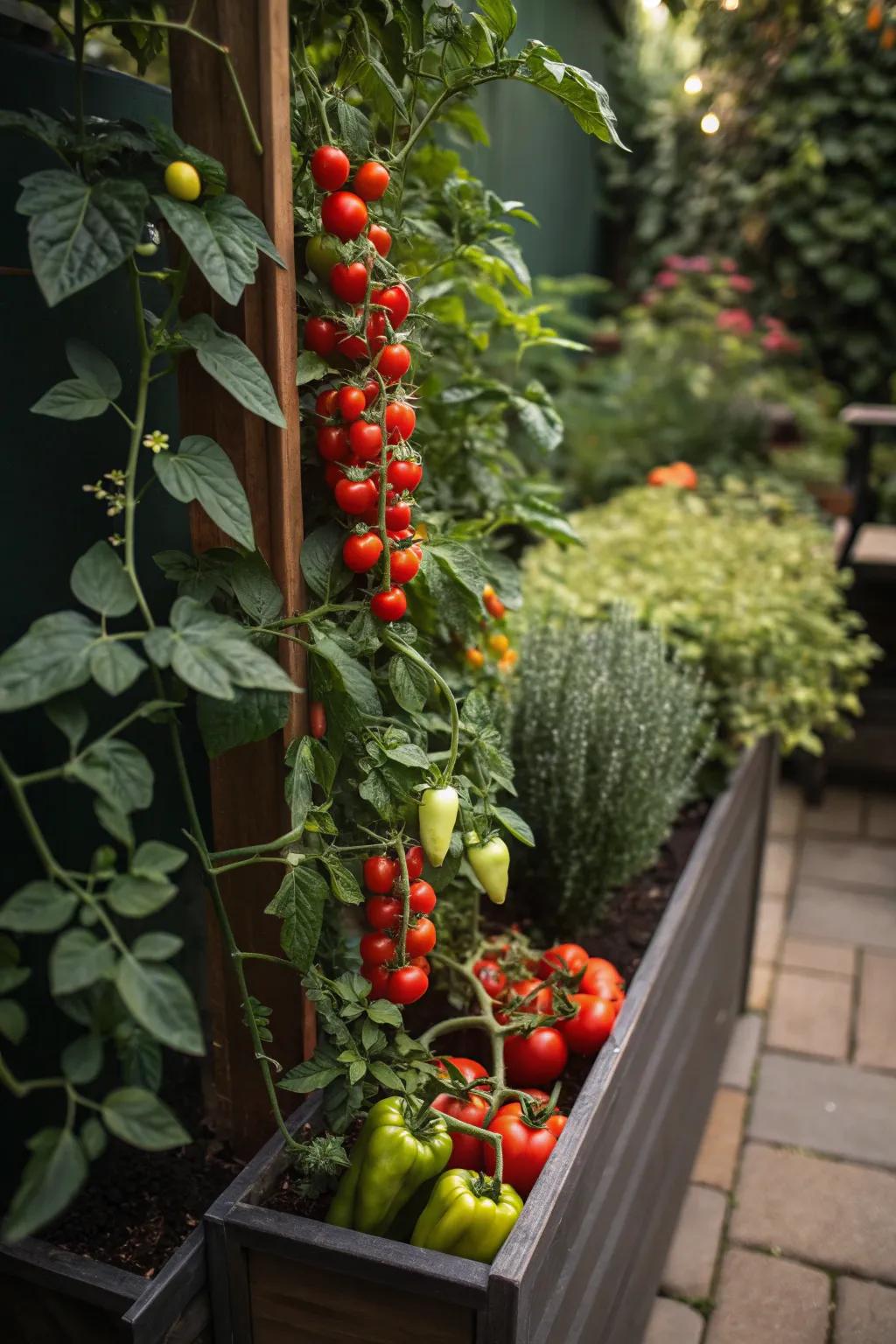 A space-saving vertical planter with cherry tomatoes and peppers.
