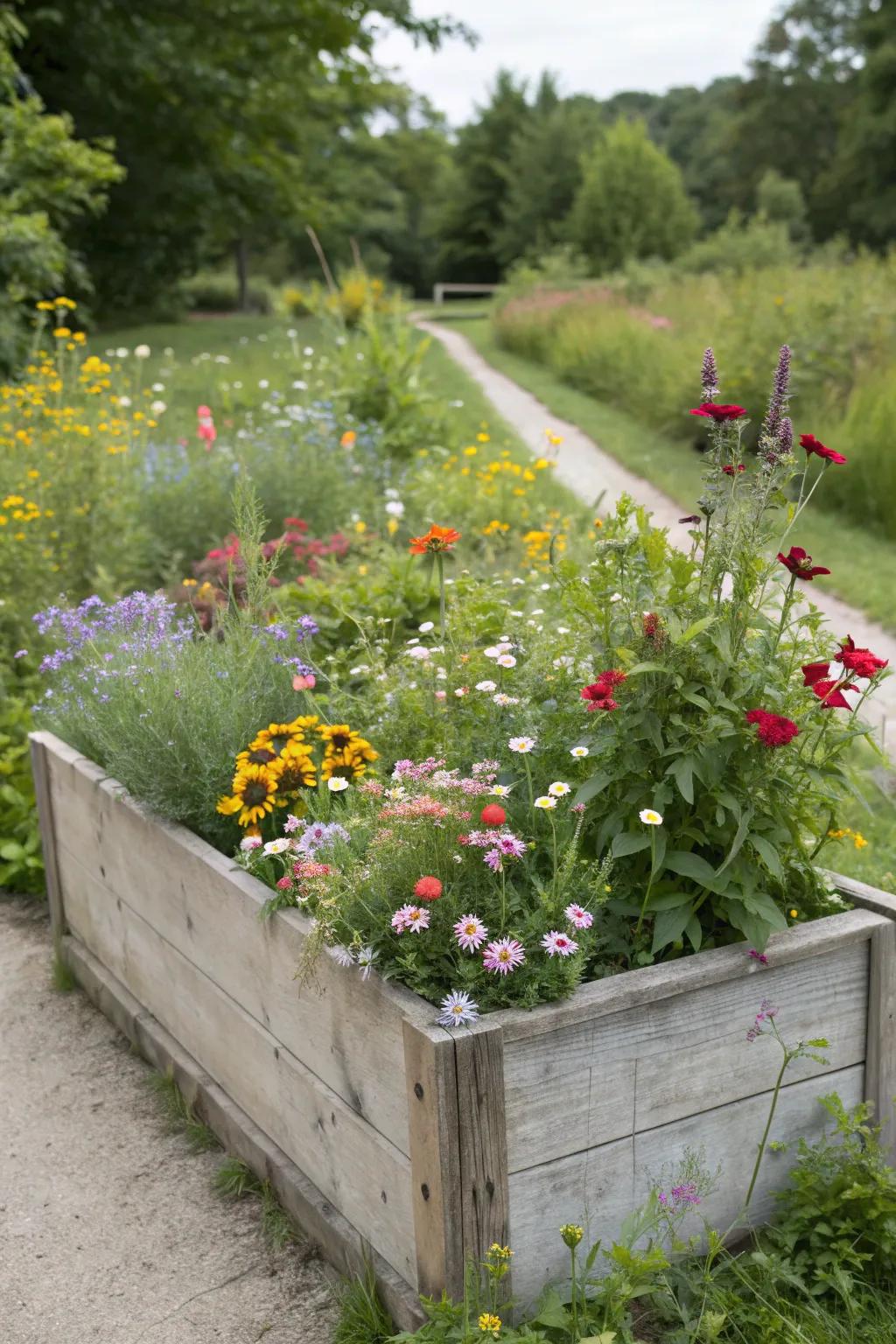 A wildflower planter box bursting with natural beauty.