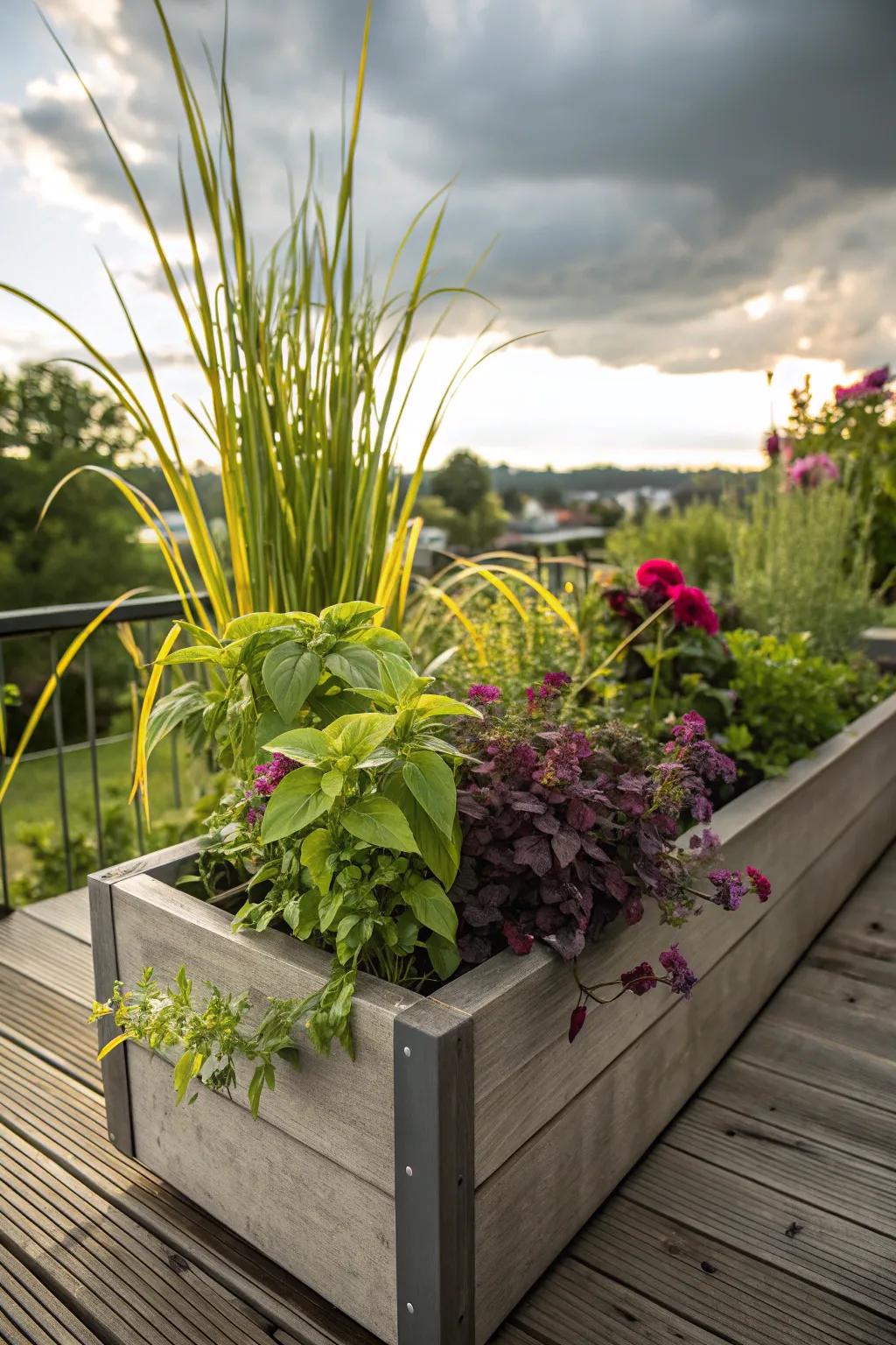 A planter box filled with exotic lemongrass and Thai basil.