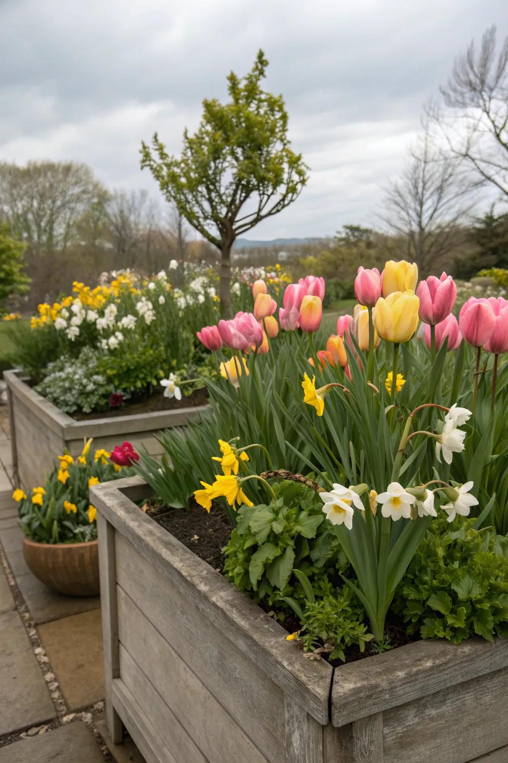 A seasonal planter box showcasing spring tulips and daffodils.