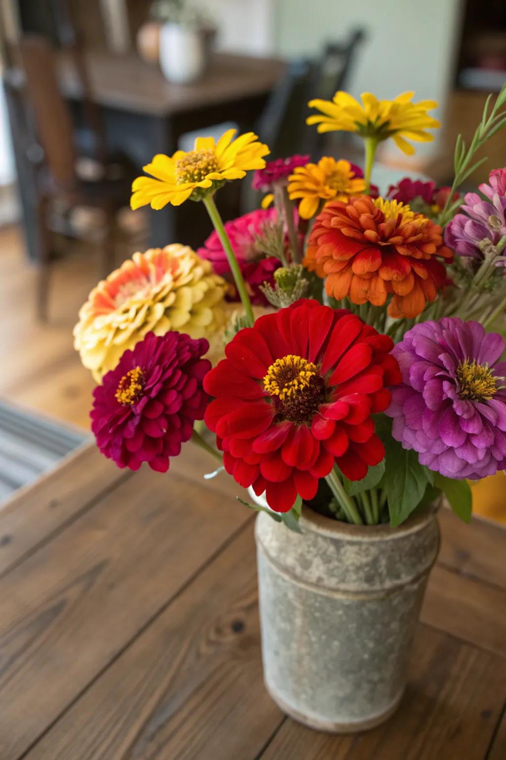 Bold and colorful zinnia bouquet in a rustic setting.