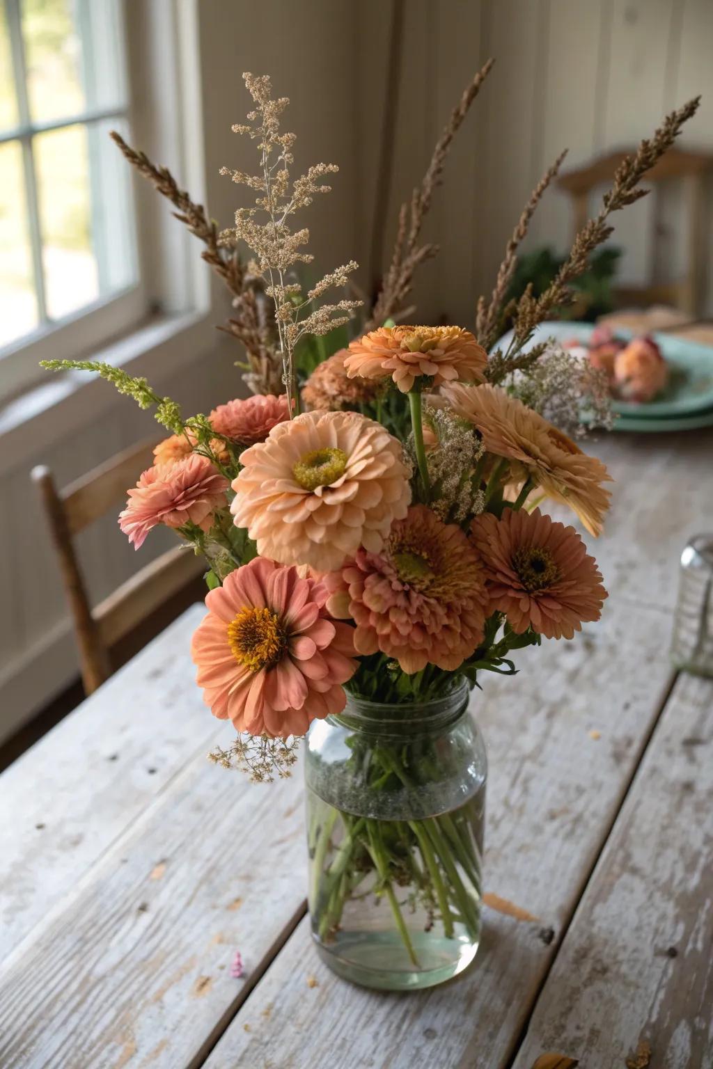 Rustic charm with peach zinnias and wildflowers.