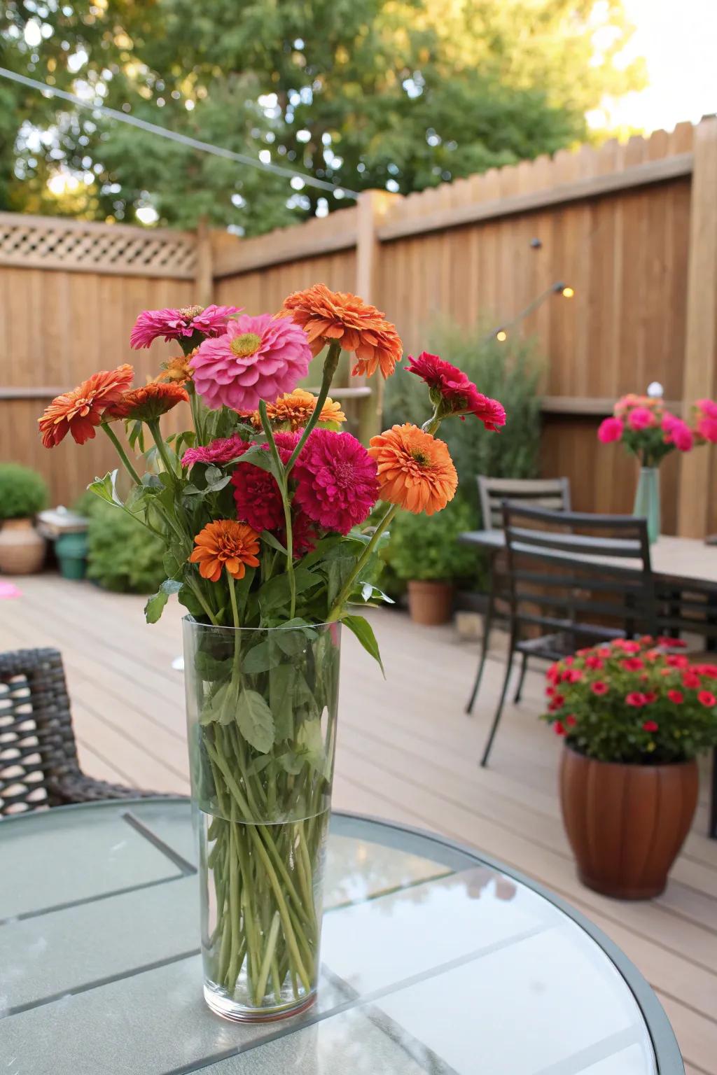Whimsical garden-style zinnia arrangement.
