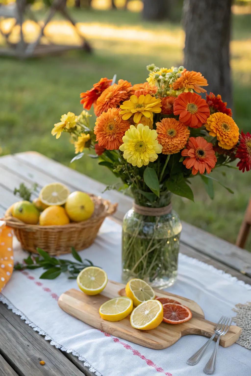 Zinnias with a refreshing citrus splash.