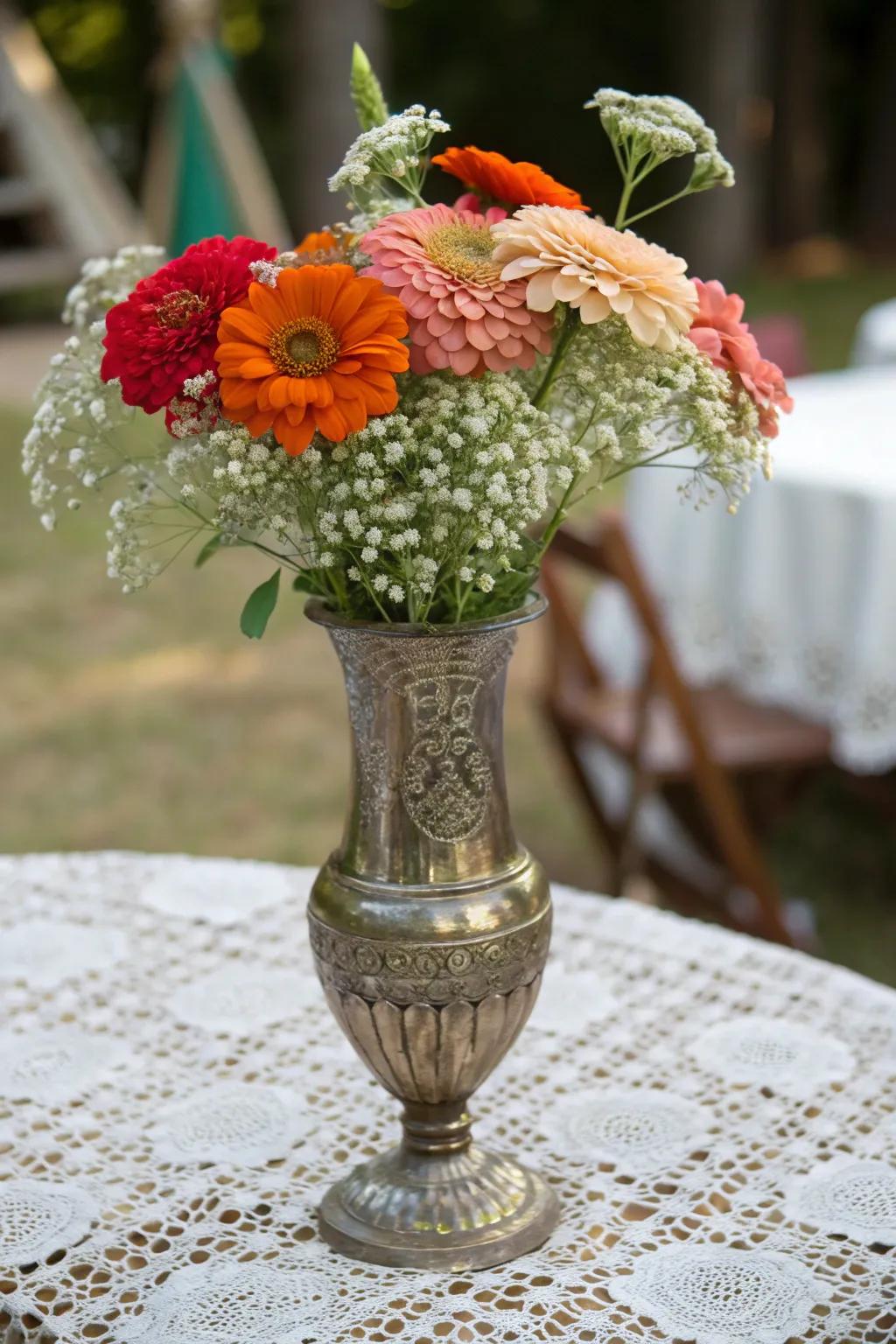 Vintage charm with zinnias and baby's breath.