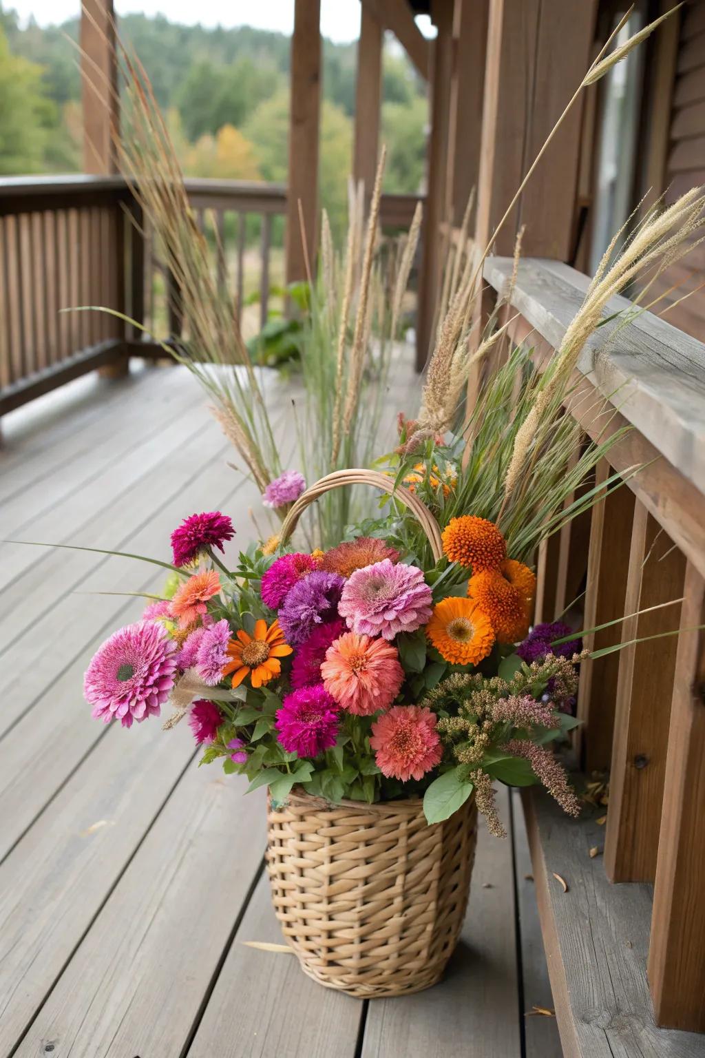 Dynamic contrast with zinnias and grasses.