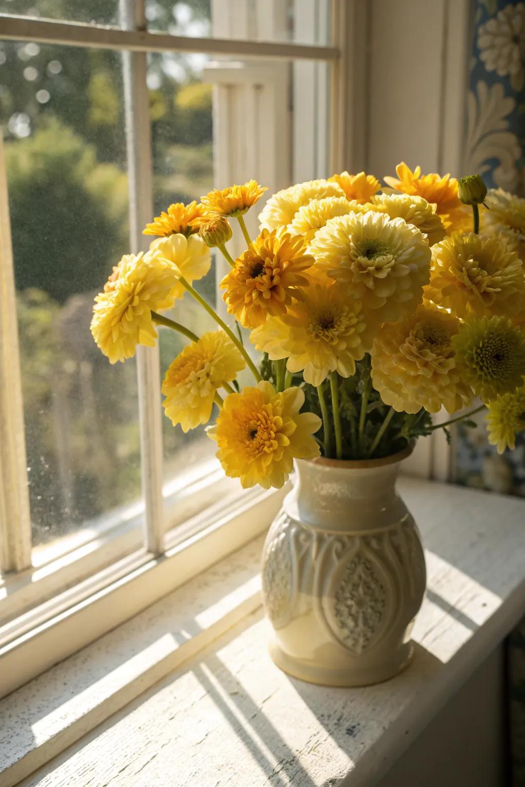 Cheerful yellow zinnias in a monochrome bouquet.