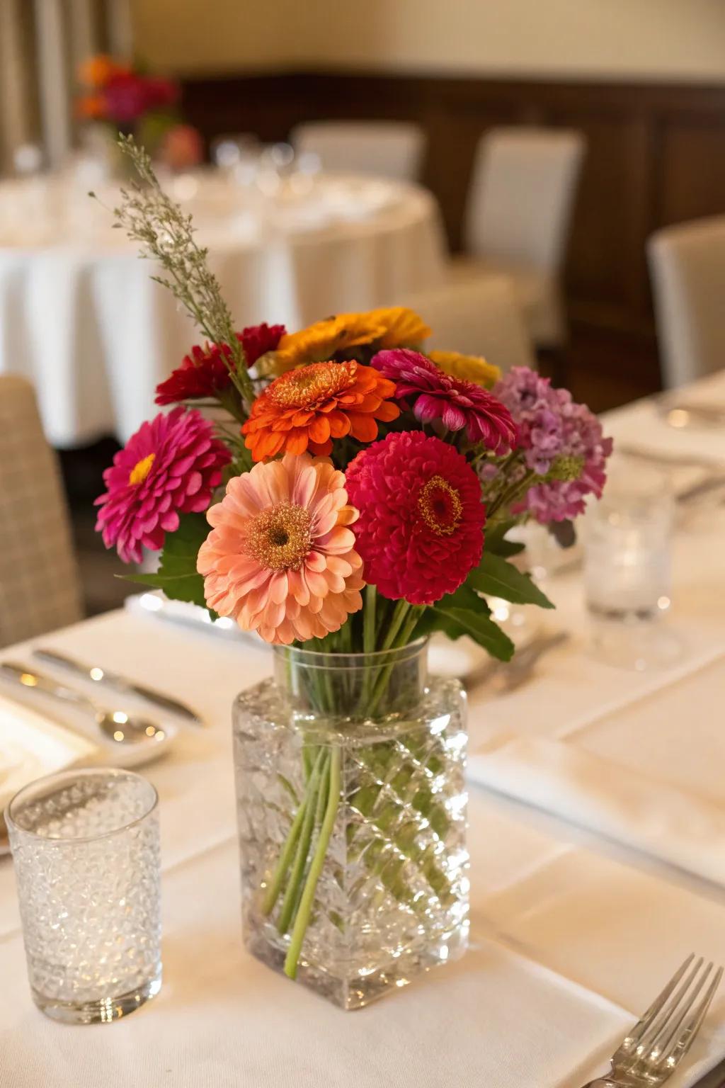 Compact elegance with a tightly bound zinnia bouquet.