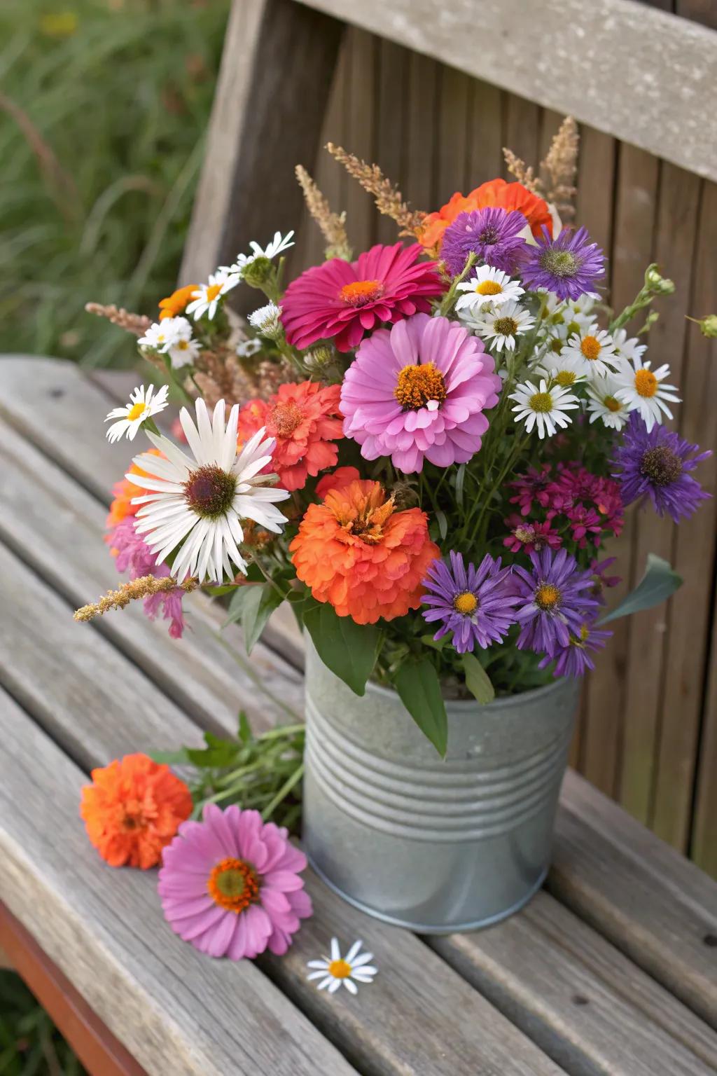 Meadow magic with zinnias and wildflowers.