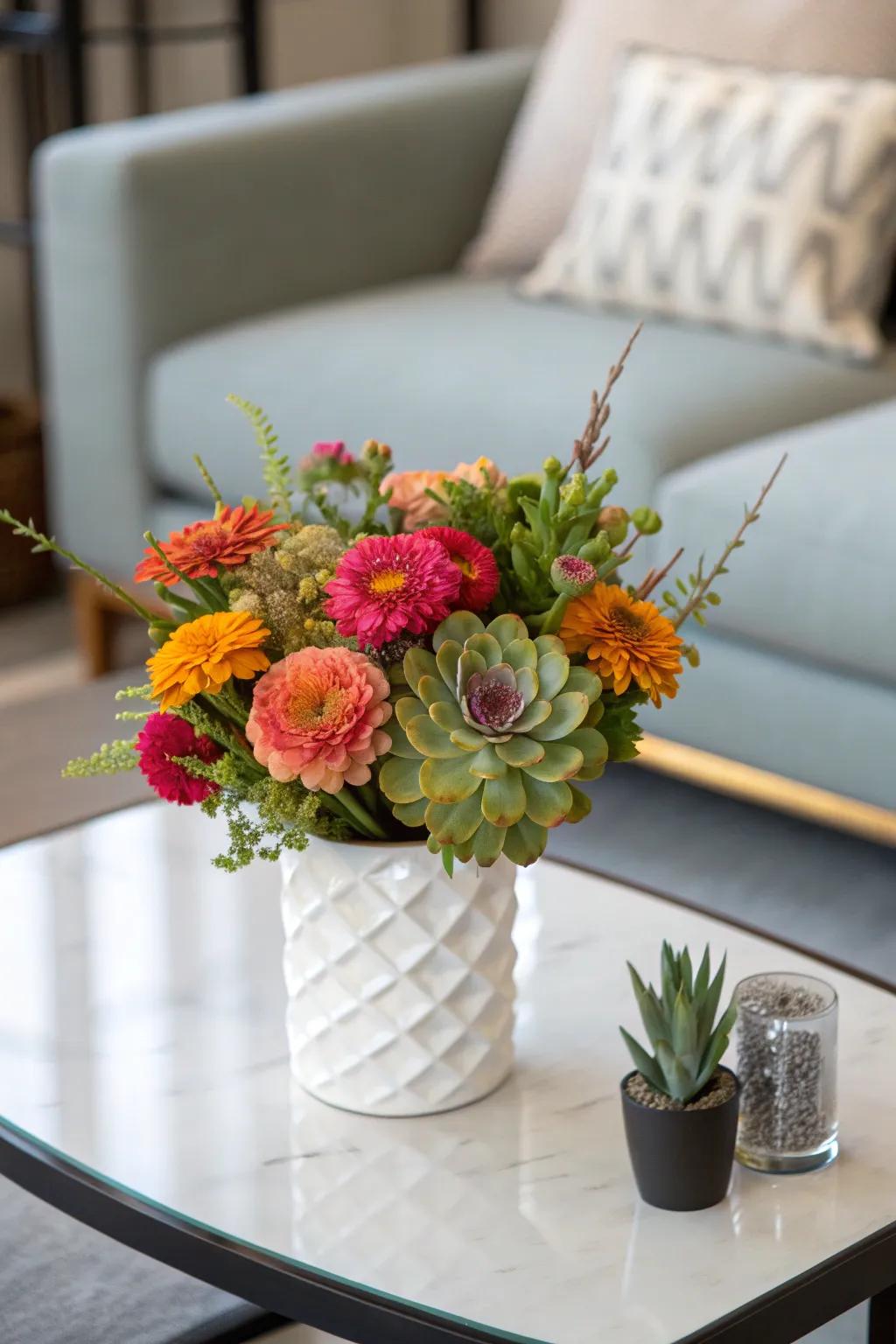 A surprising mix of zinnias and succulents.