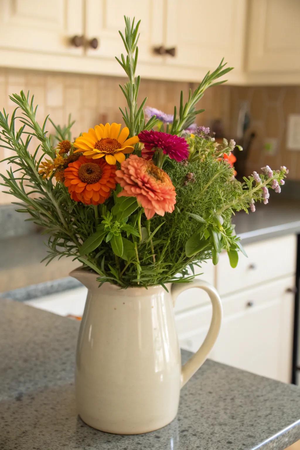 Fragrant delight with zinnias and herbs.