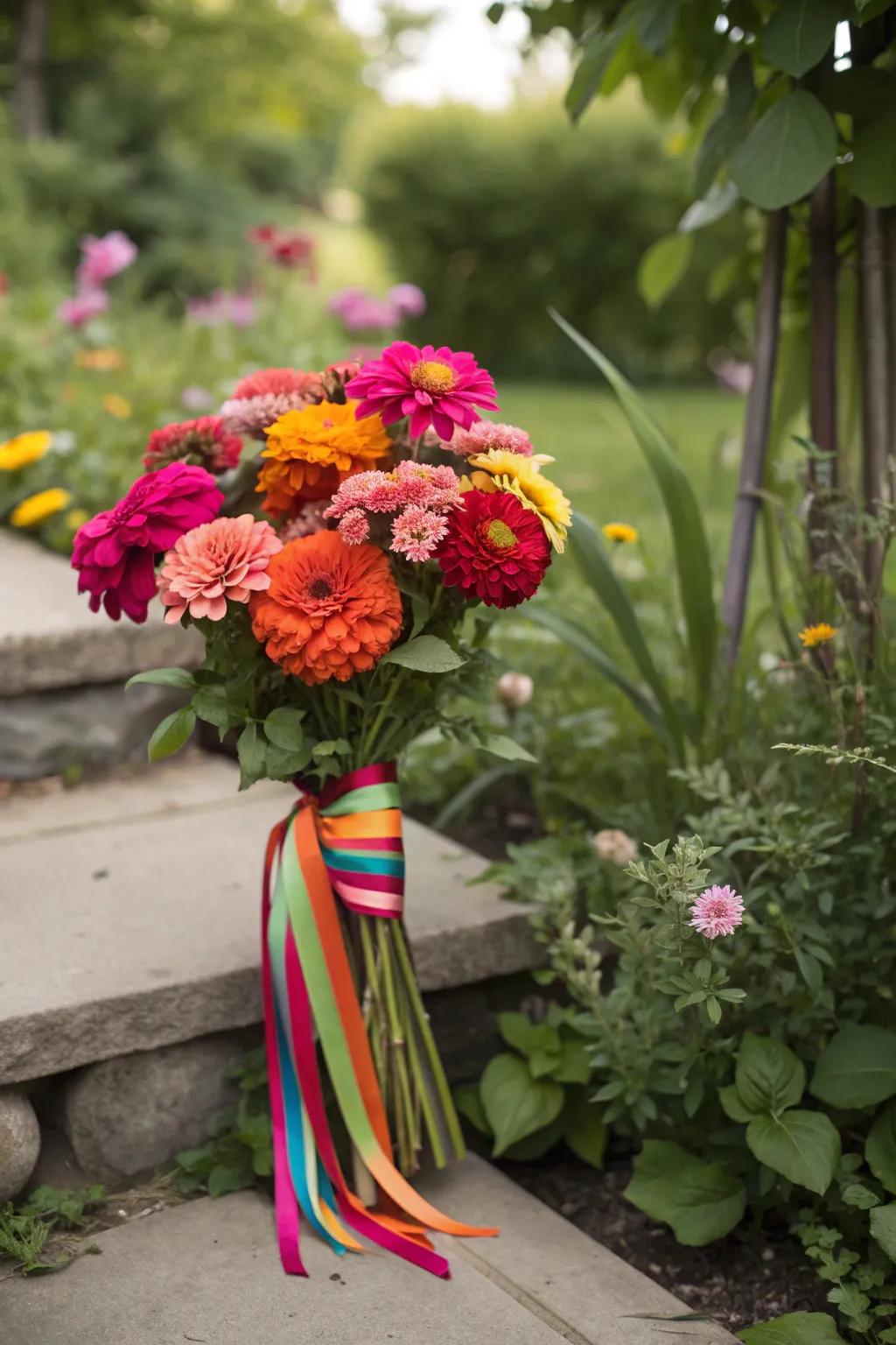 Whimsical charm with zinnias and ribbons.