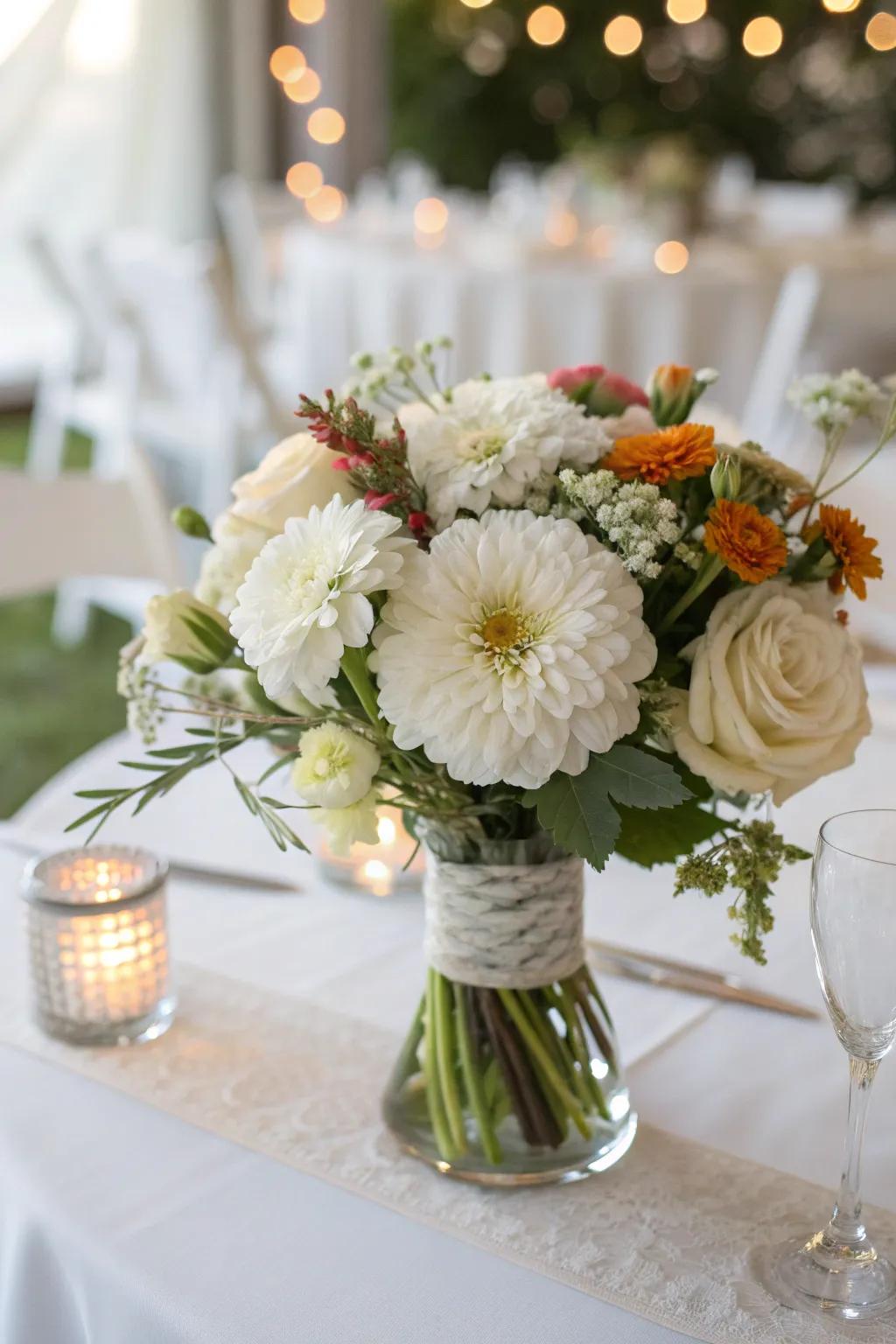 Sophisticated elegance with white zinnias.