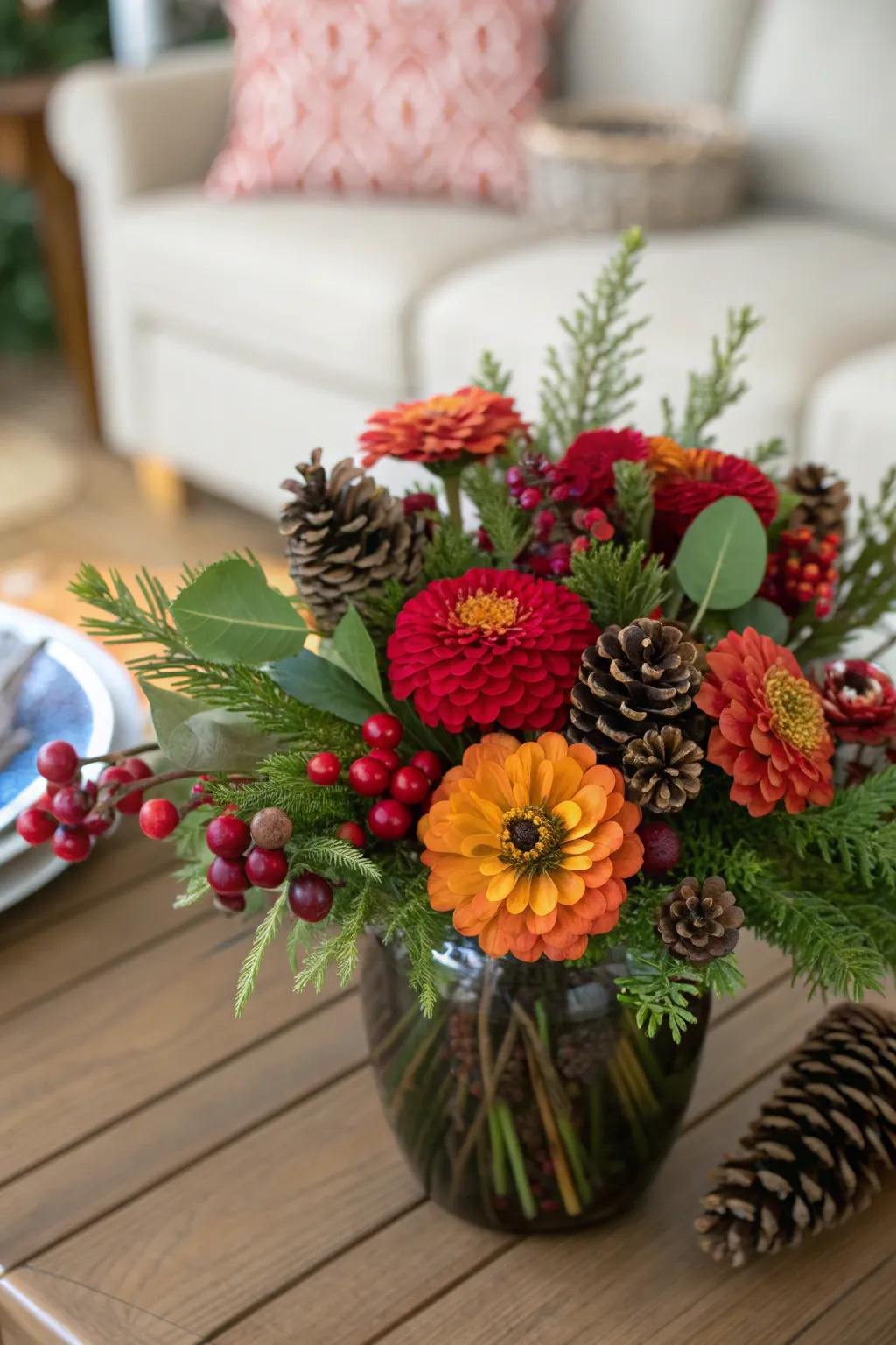 Festive seasonal splendor with zinnias.