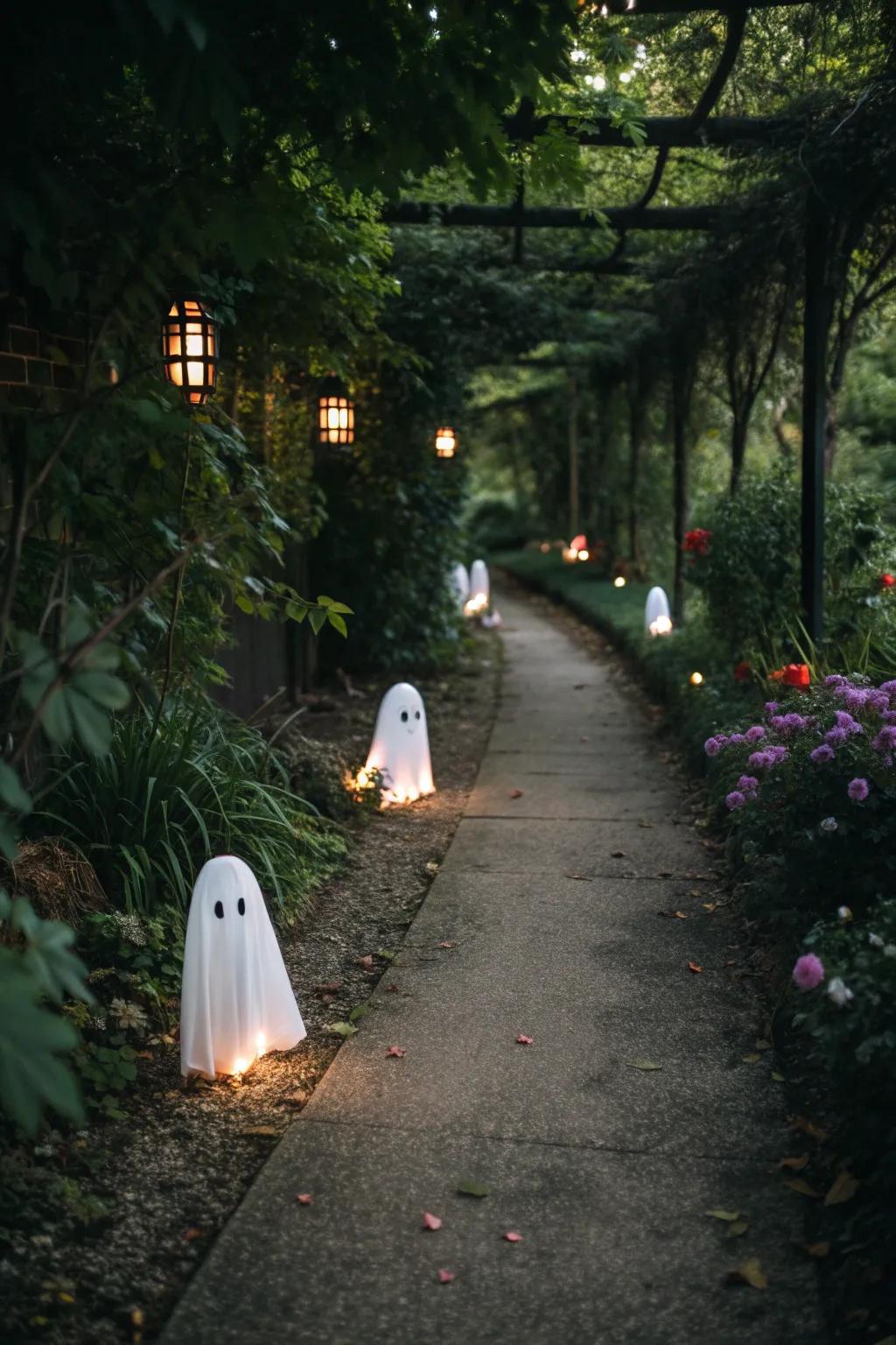 A ghostly path leads through a hauntingly decorated garden.