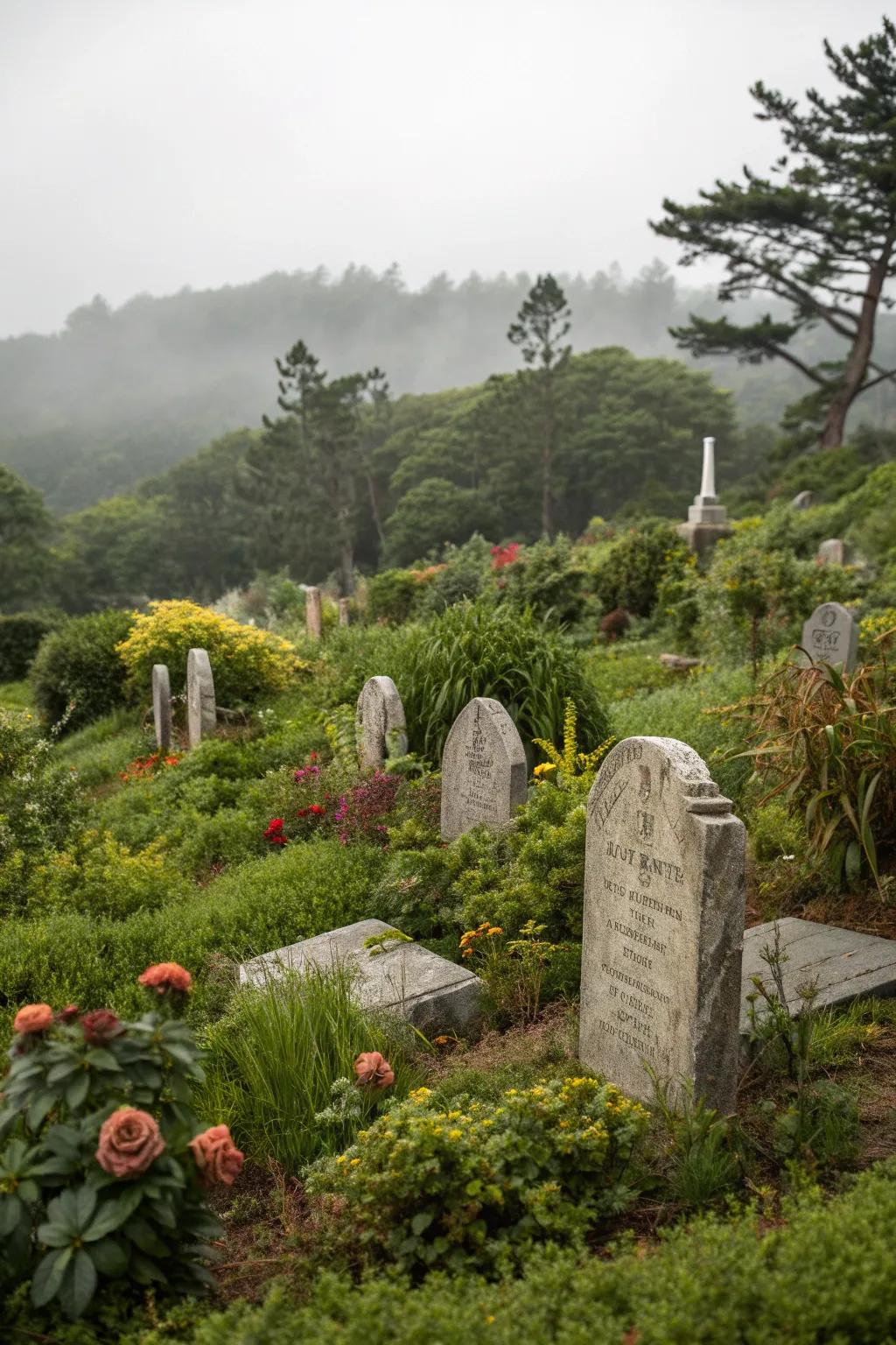 A garden turned into a haunting graveyard with tombstones.