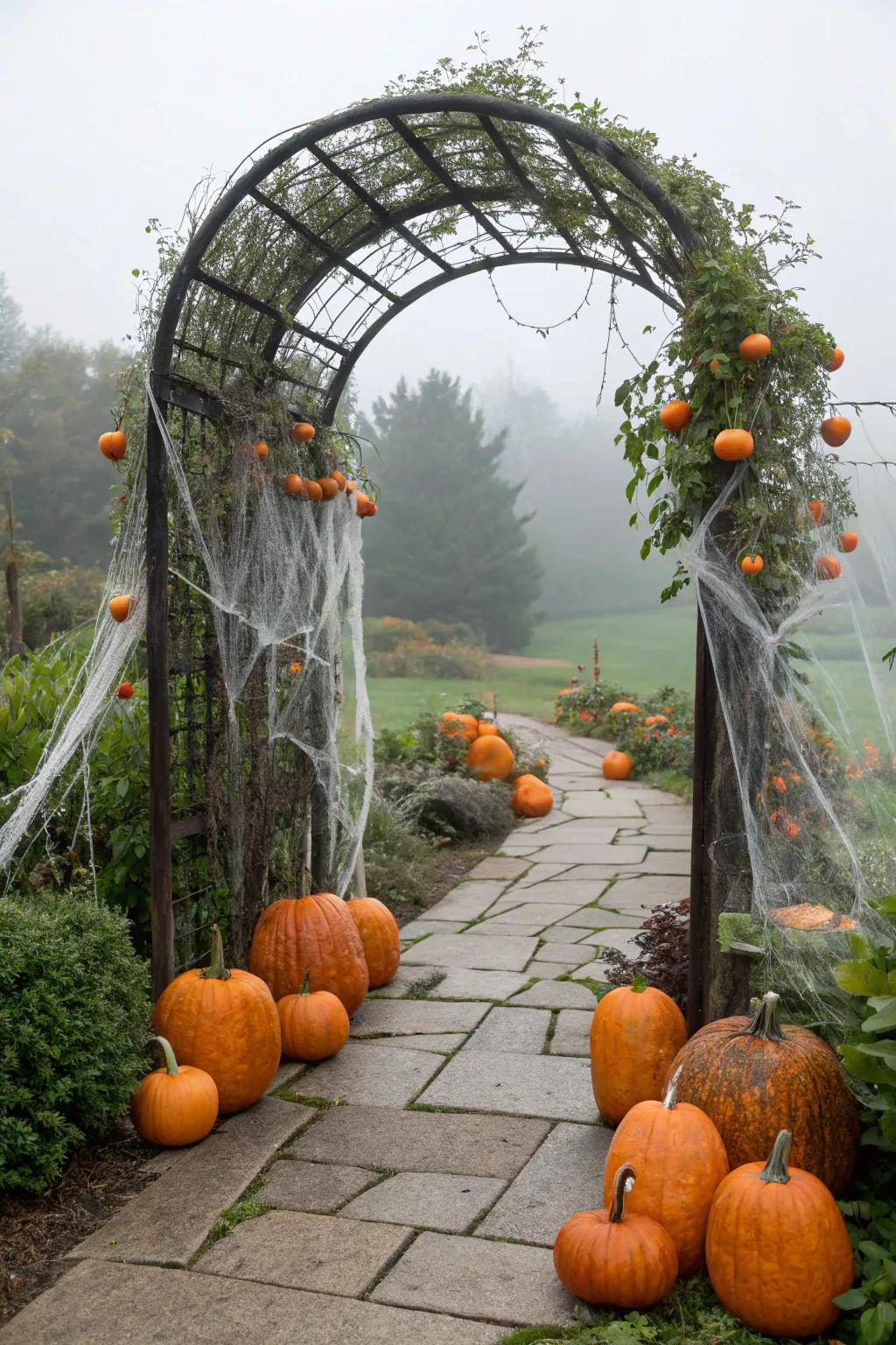 A garden arch transformed into a spooky Halloween entrance.