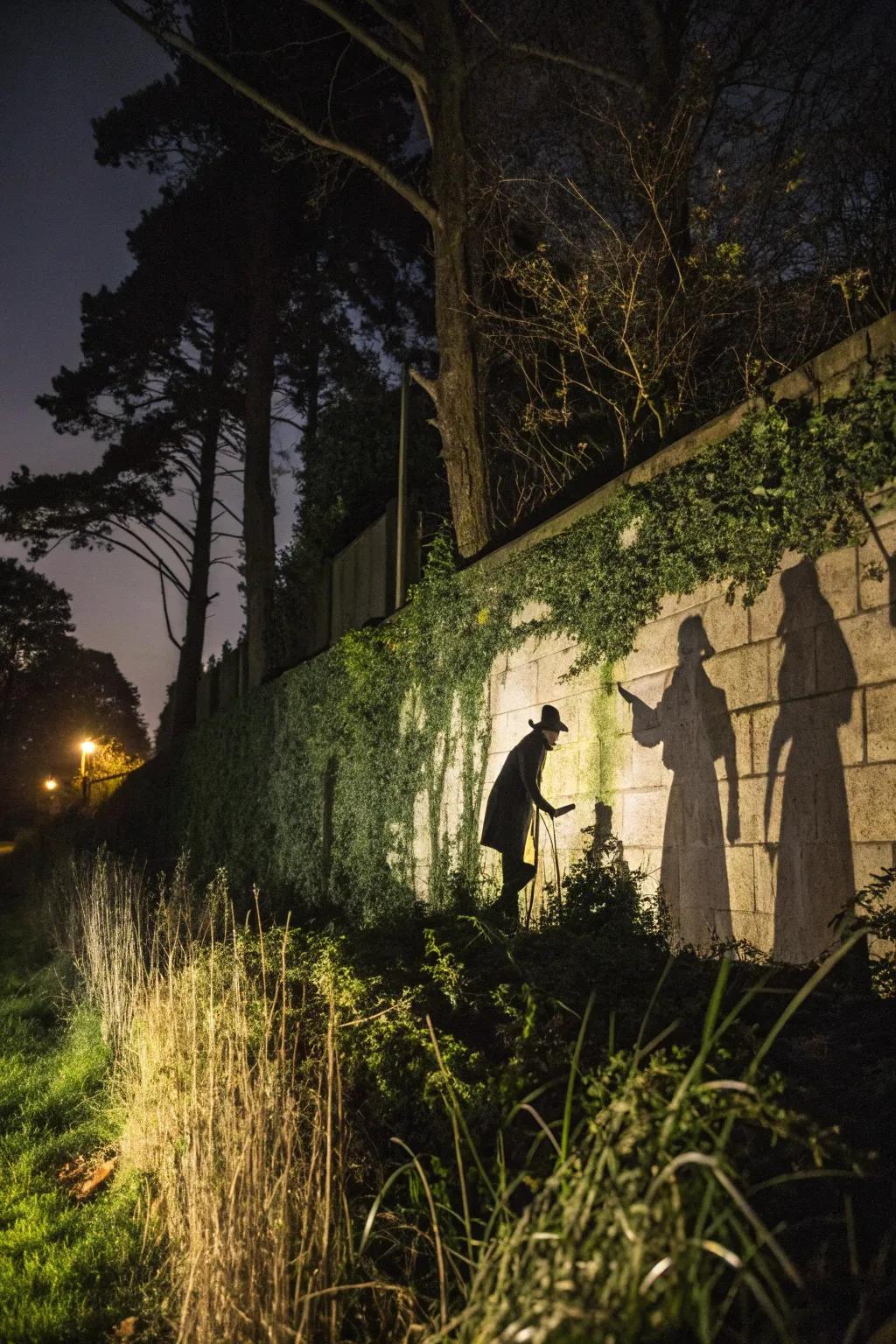 Haunting shadow figures bring life to the garden walls.