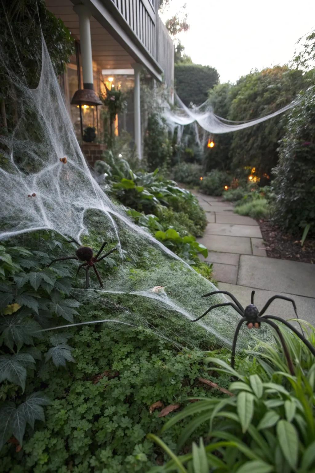 Cobwebs take over the garden, creating an eerie, abandoned feel.