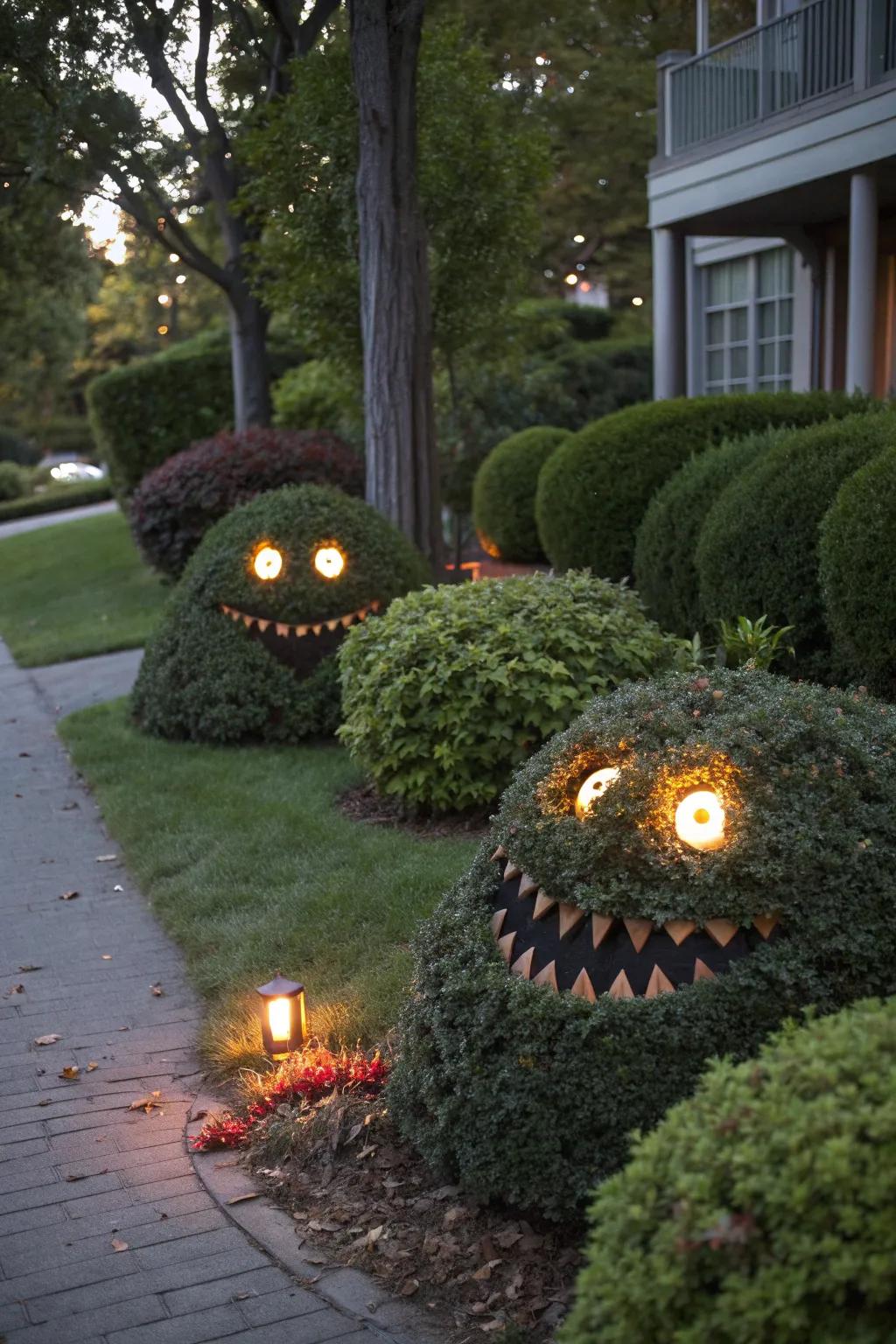 Shrubs become playful monsters with a simple Halloween makeover.