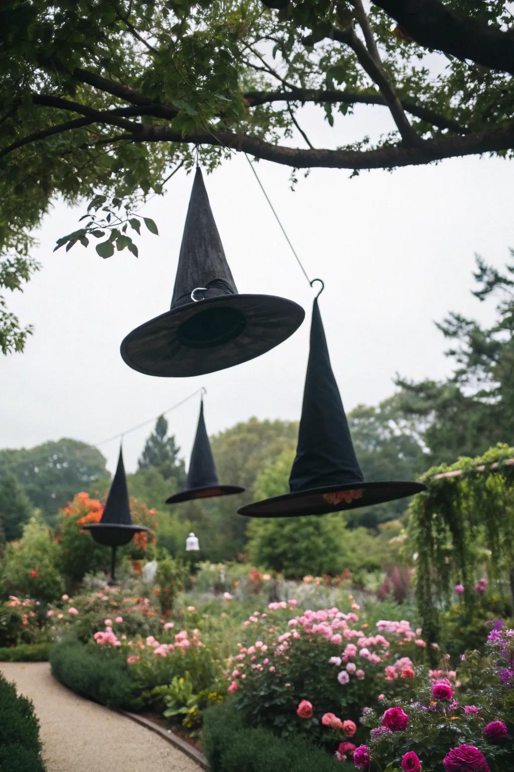 Witch hats float eerily above, casting a spell on the garden.