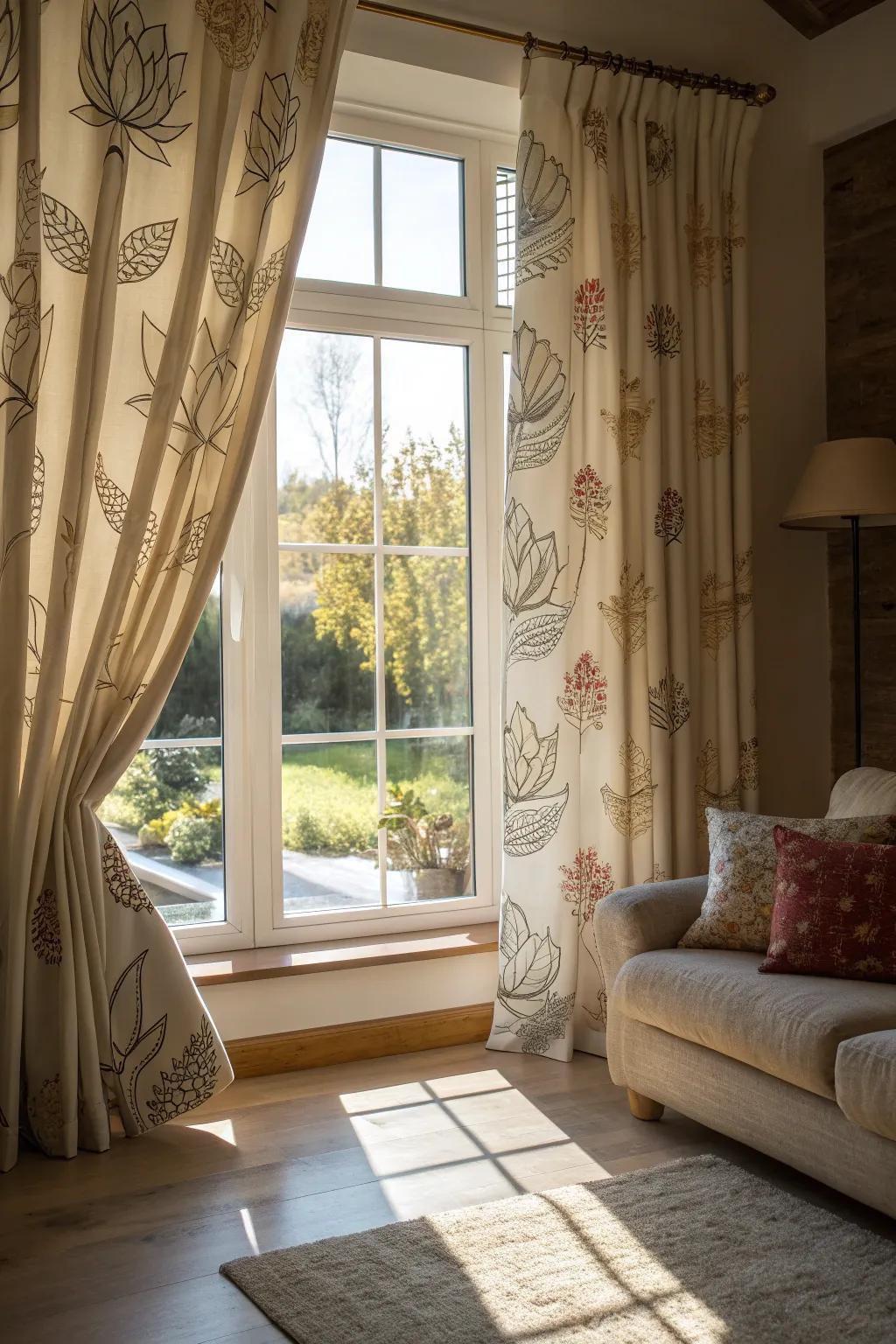 Lotus-patterned curtains add a touch of elegance to any room.