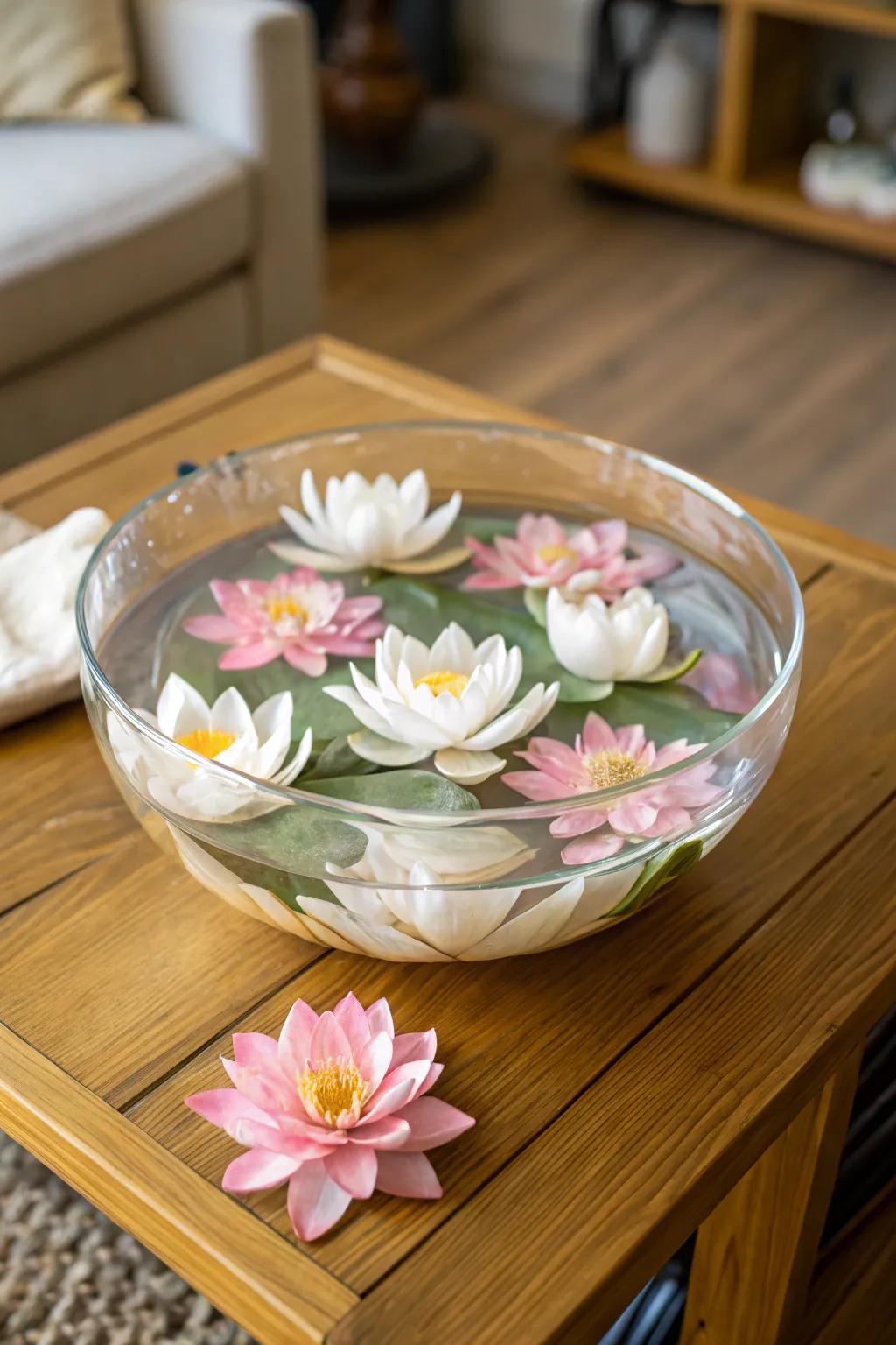 Floating lotus flowers bring tranquility to your decor.