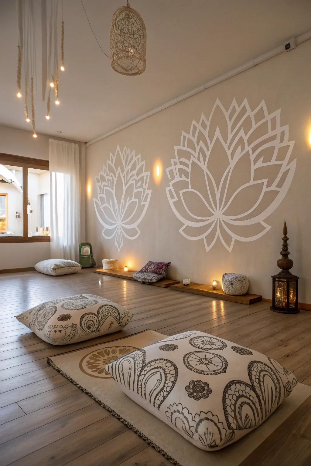 Lotus symbols add a spiritual touch to decor.