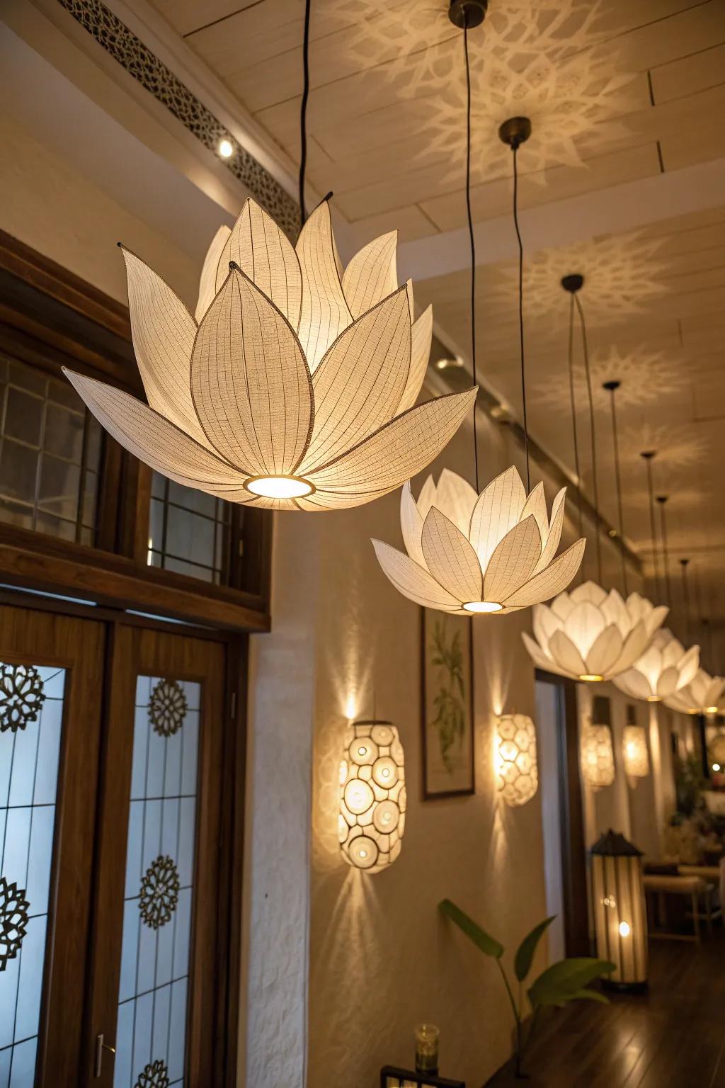 Lotus-shaped hangings create a whimsical environment.