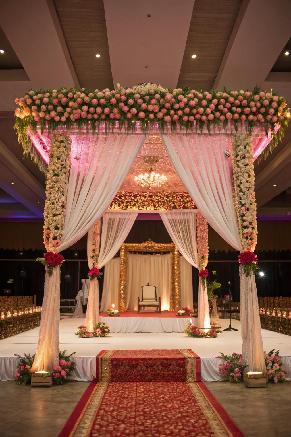 A lotus-themed mandap sets the stage for weddings.
