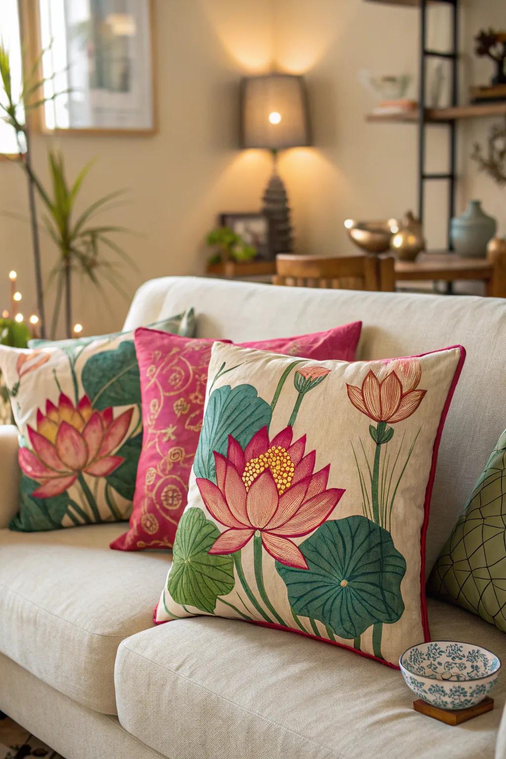Lotus-printed pillows add comfort and style.