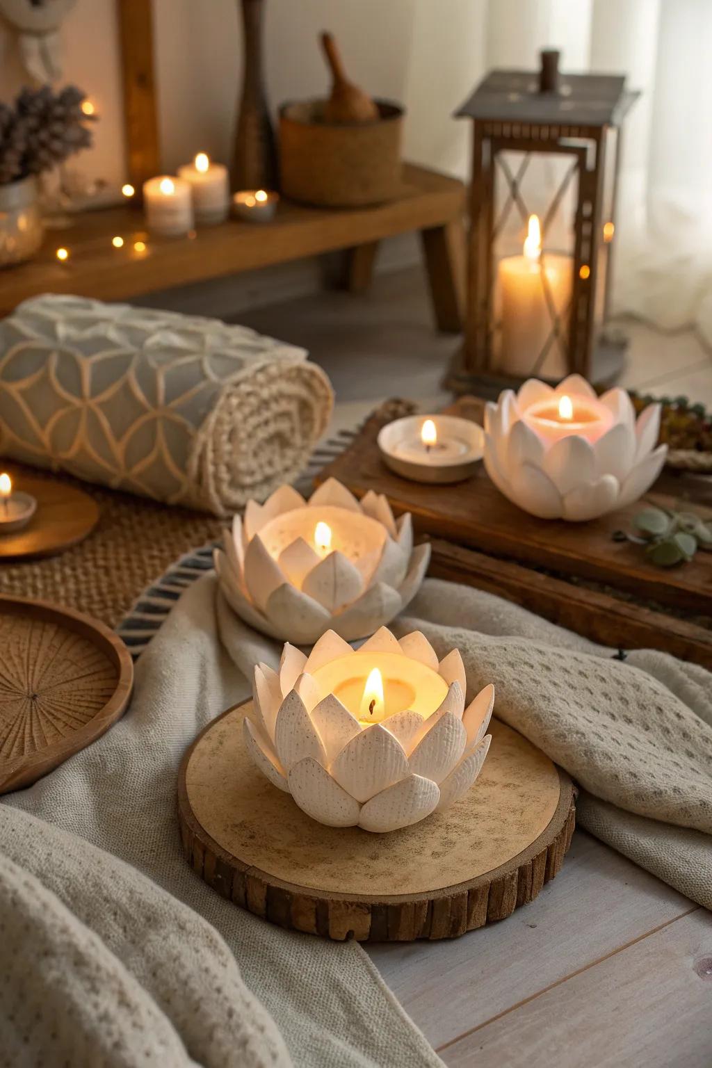 Lotus candle holders create a cozy ambiance.