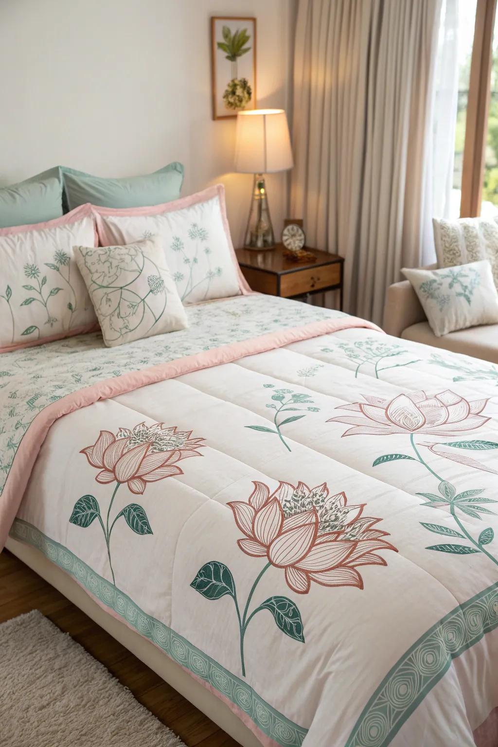 Lotus-themed bedding creates a serene retreat.