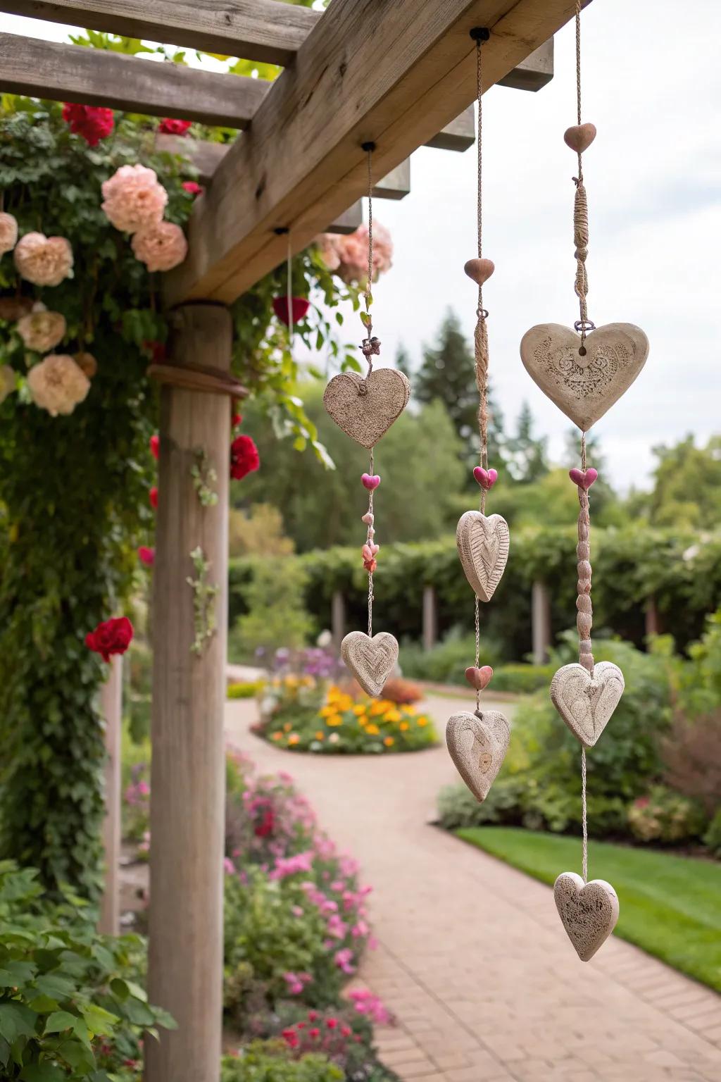 Create a romantic atmosphere with heart-shaped clay wind chimes.