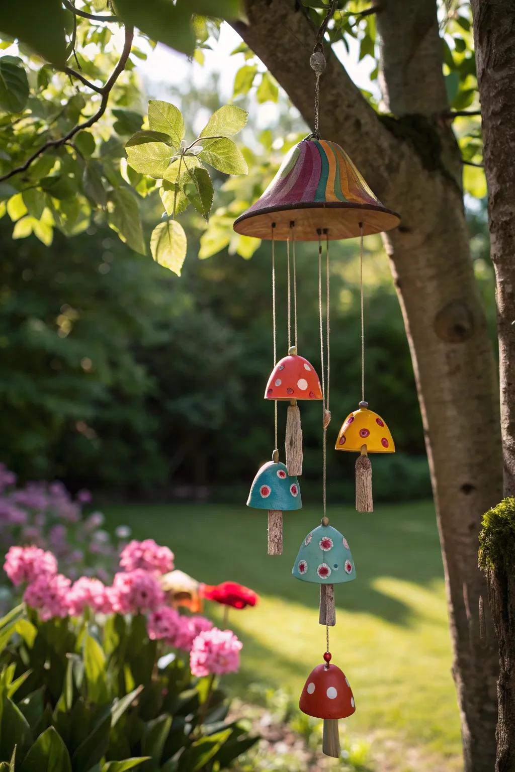 Add a touch of whimsy with mushroom-shaped clay wind chimes.