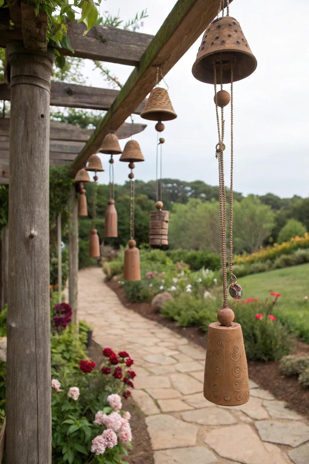 Achieve a natural look with earthy-toned clay wind chimes.