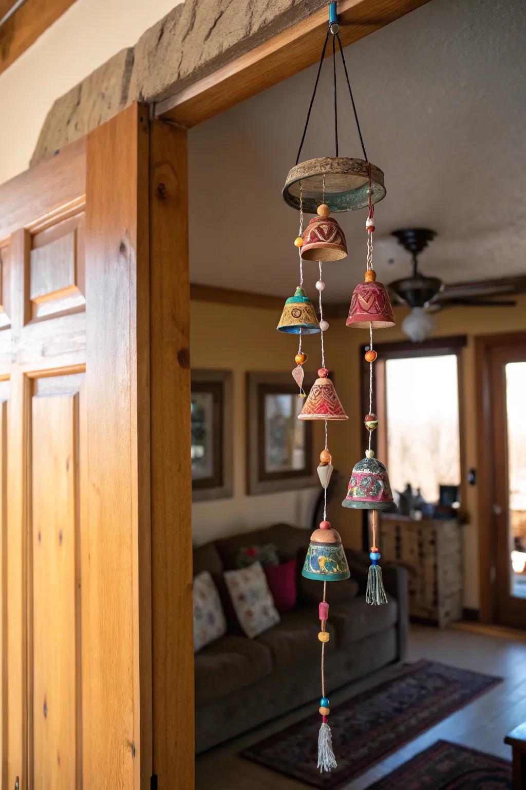 Enjoy the charm of clay wind chimes indoors with doorway placements.