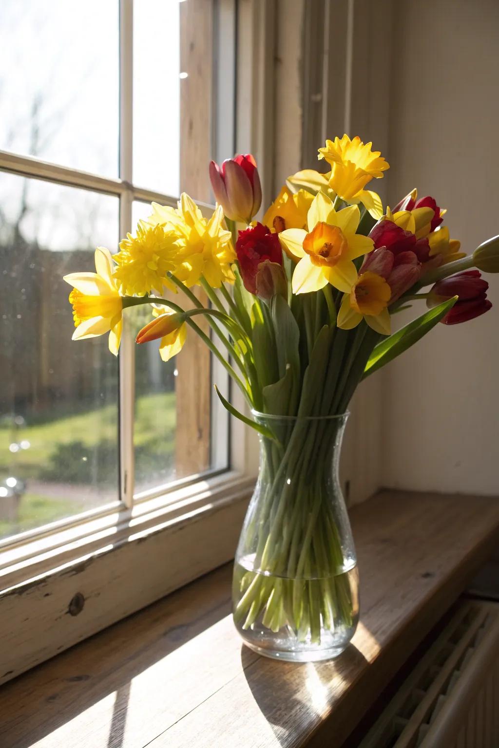 Tulips and daffodils create a cheerful spring vibe.
