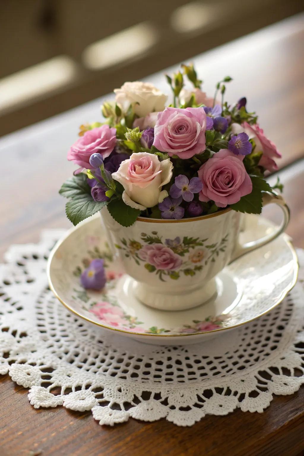 A vintage teacup becomes an adorable mini floral display.